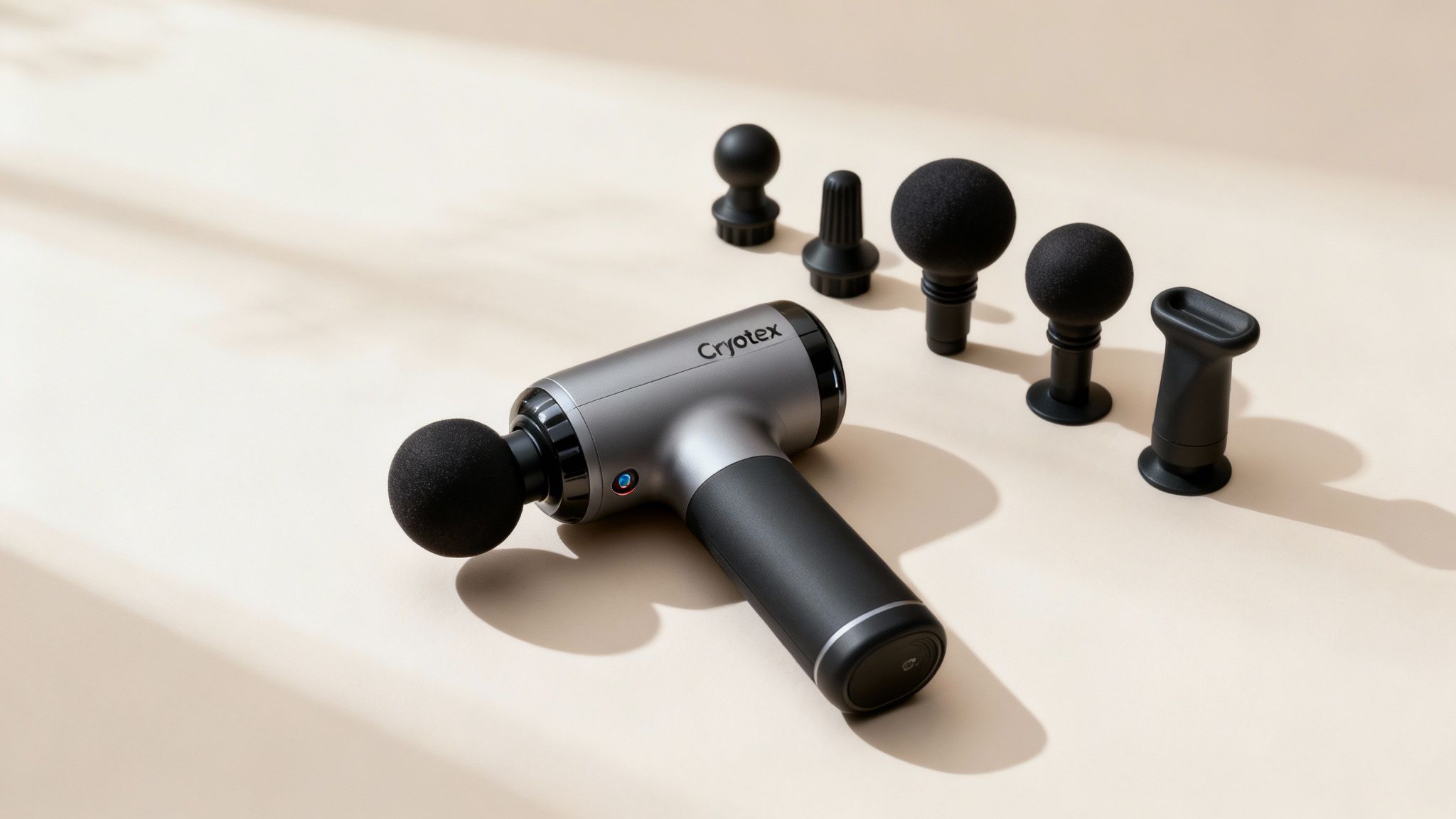 A close-up of the Cryotex massage gun with its attachments.