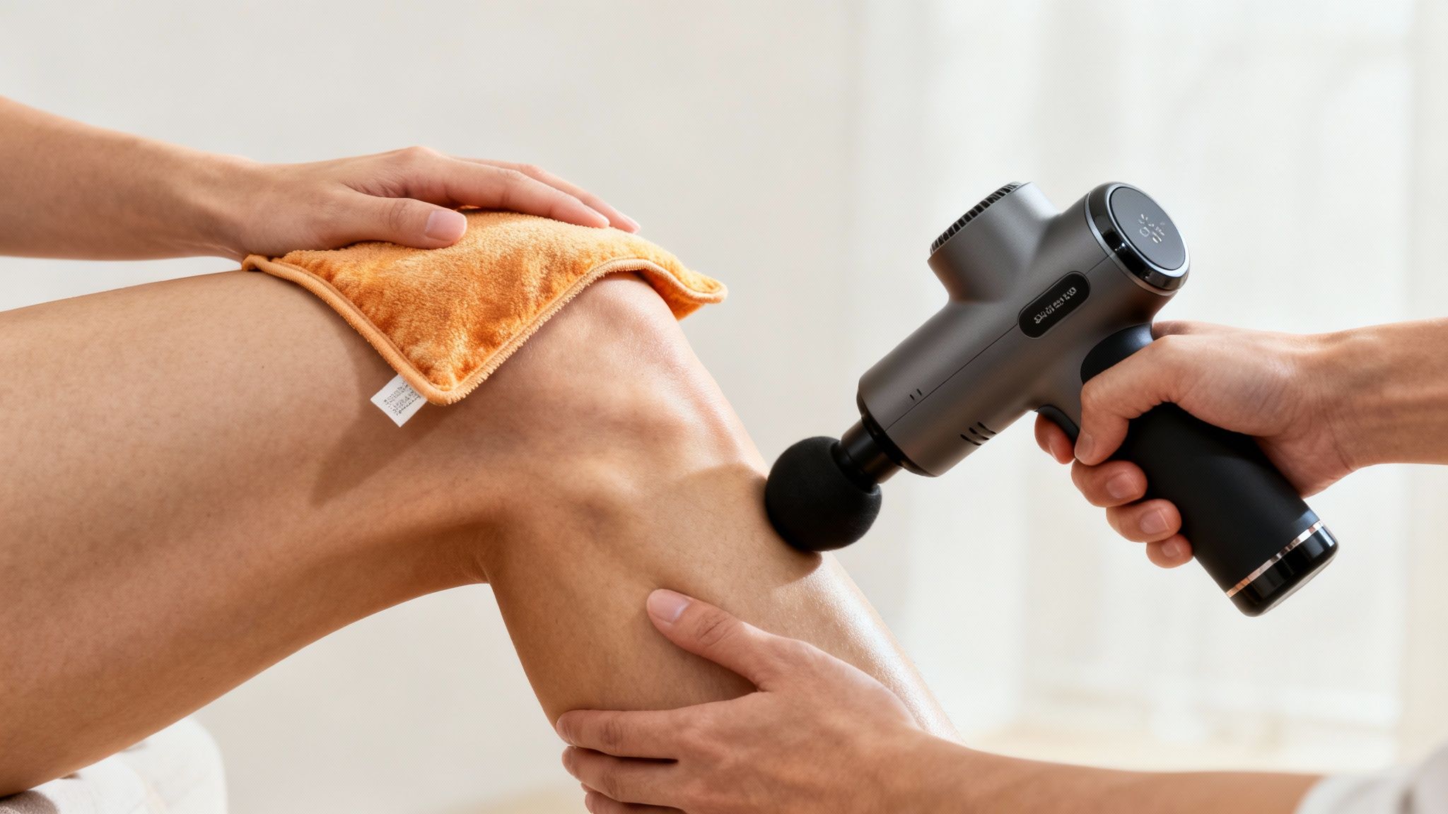 A person using a massage gun on their thigh after applying heat for knee pain.