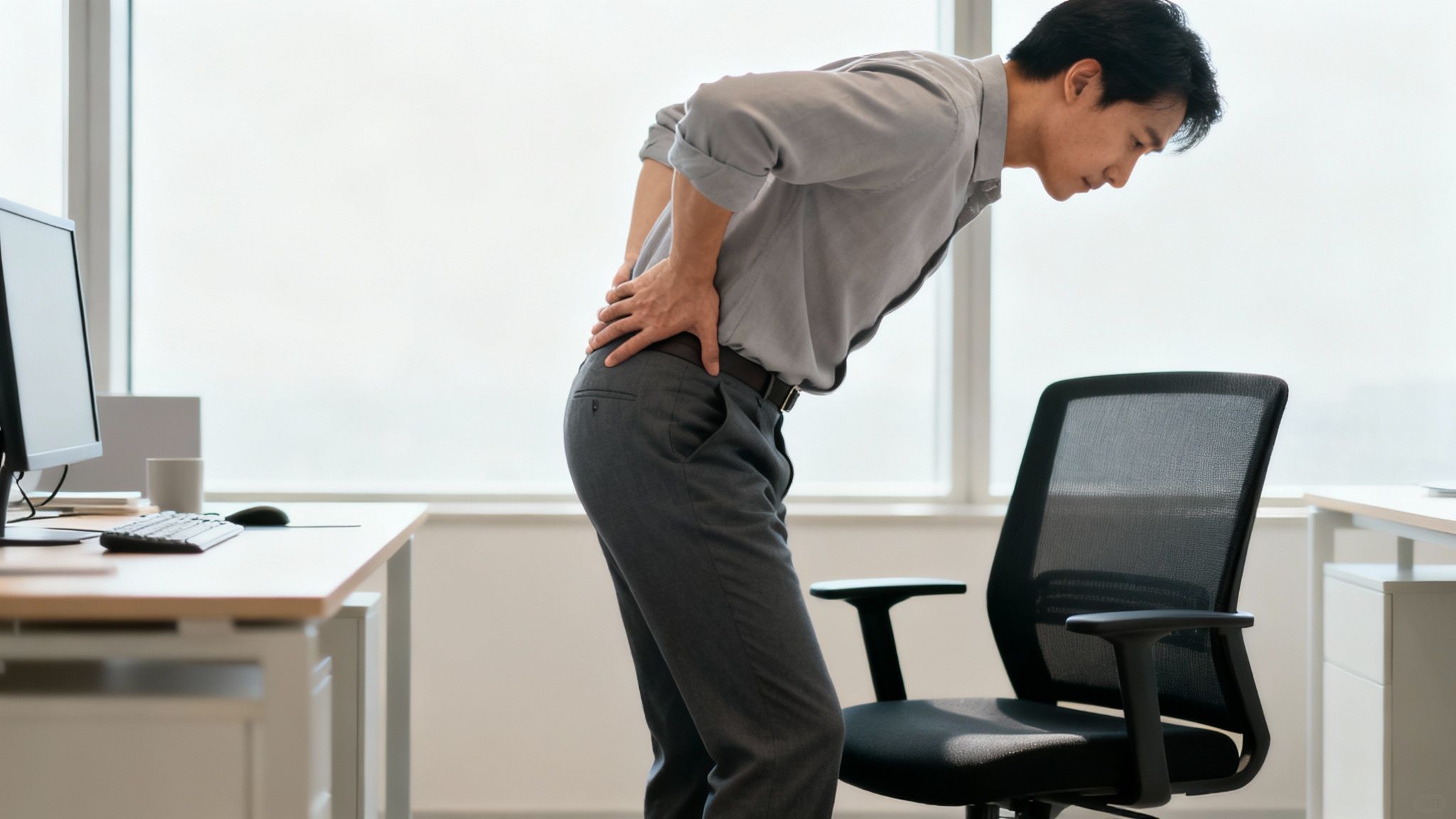 A man in an office bending over and holding his lower back due to pain.