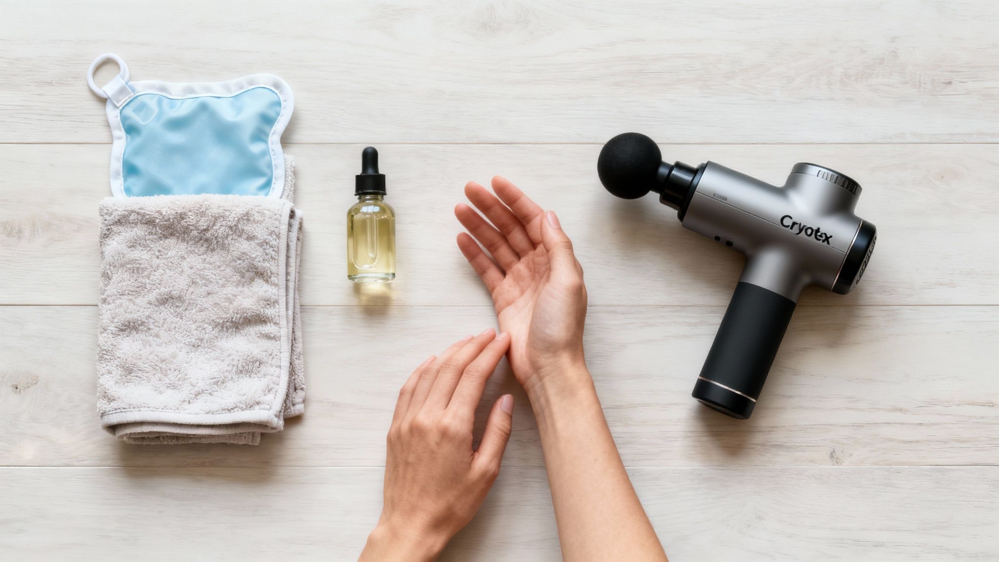 A person applying gentle self massage for headaches to their temple area for relief.