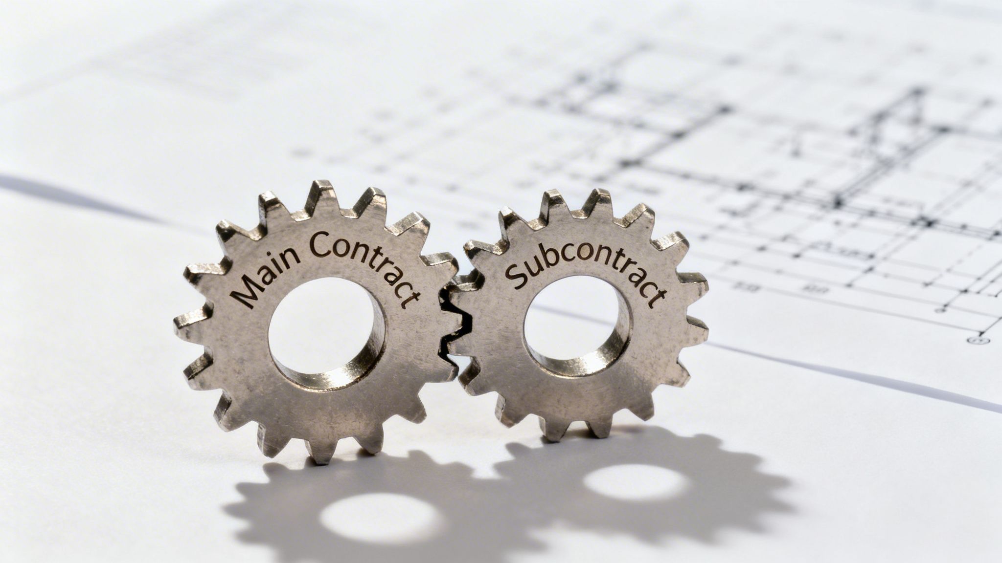 Metal gears labeled 'Main Contract' and 'Subcontract' interlocked on architectural blueprints, illustrating their dependency.