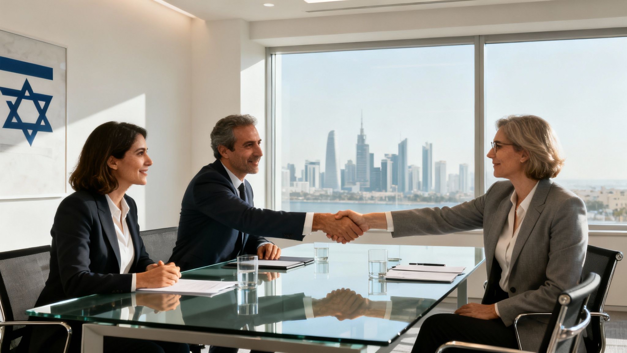Two business people shake hands in a modern office, an Israeli flag on the wall, and city view.