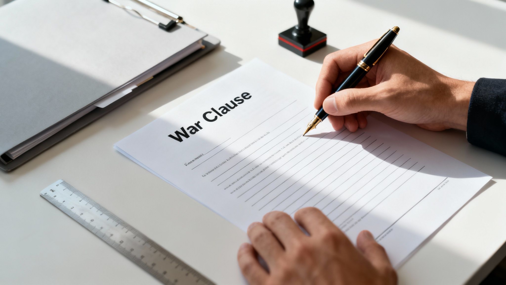 A person signing a 'War Clause' document with a pen on a white desk, next to office items.
