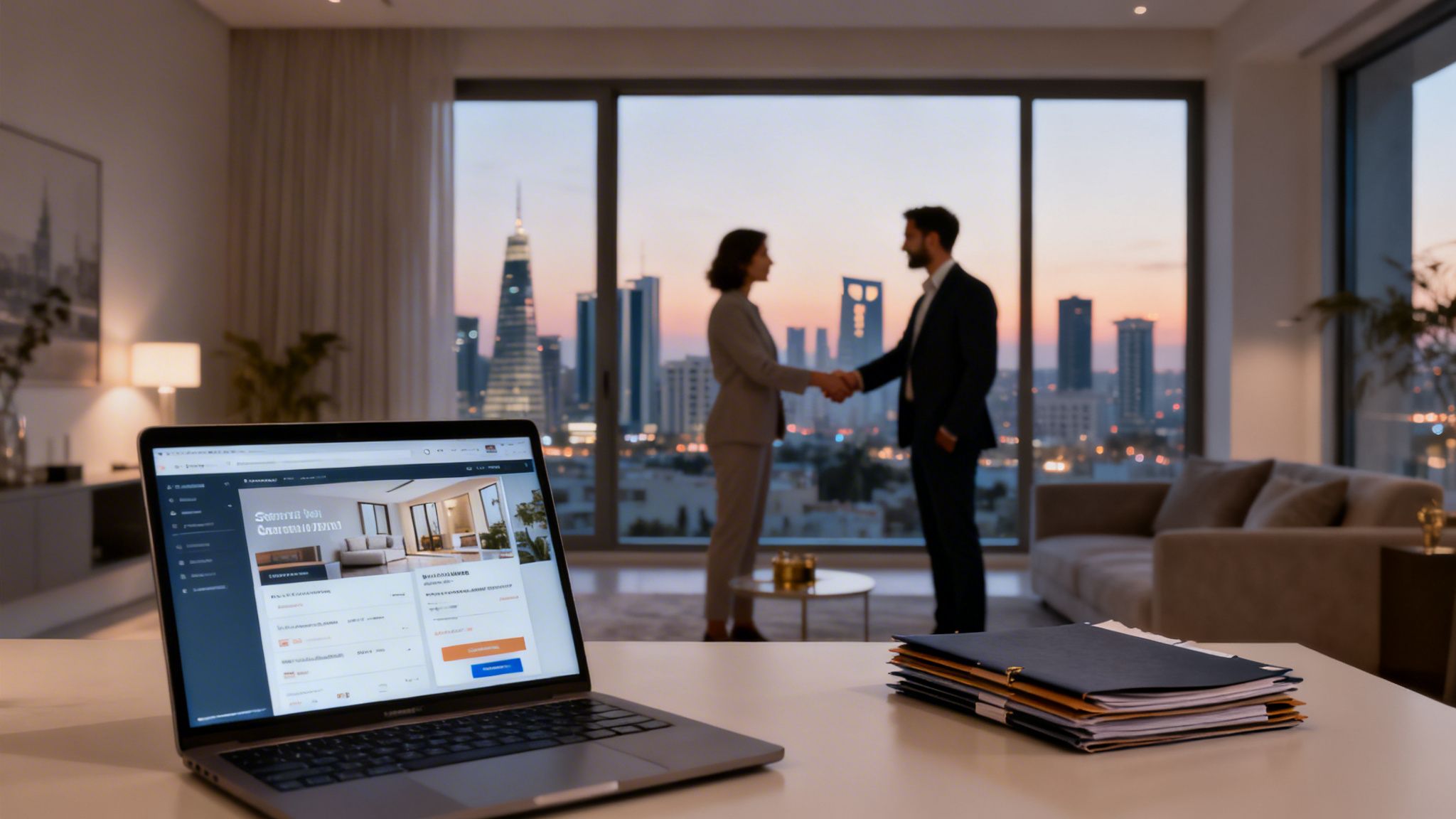 Two business people shaking hands in a modern apartment with a city view at dusk, laptop on a desk.