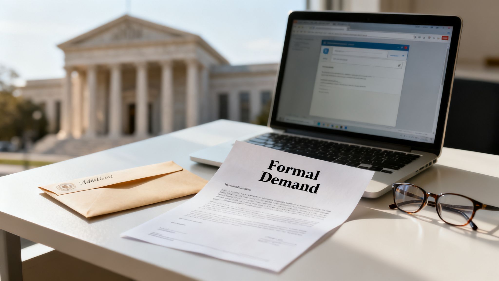 A desk with a laptop, a document titled 'Formal Demand', an envelope, and glasses, set against a blurred courthouse background.