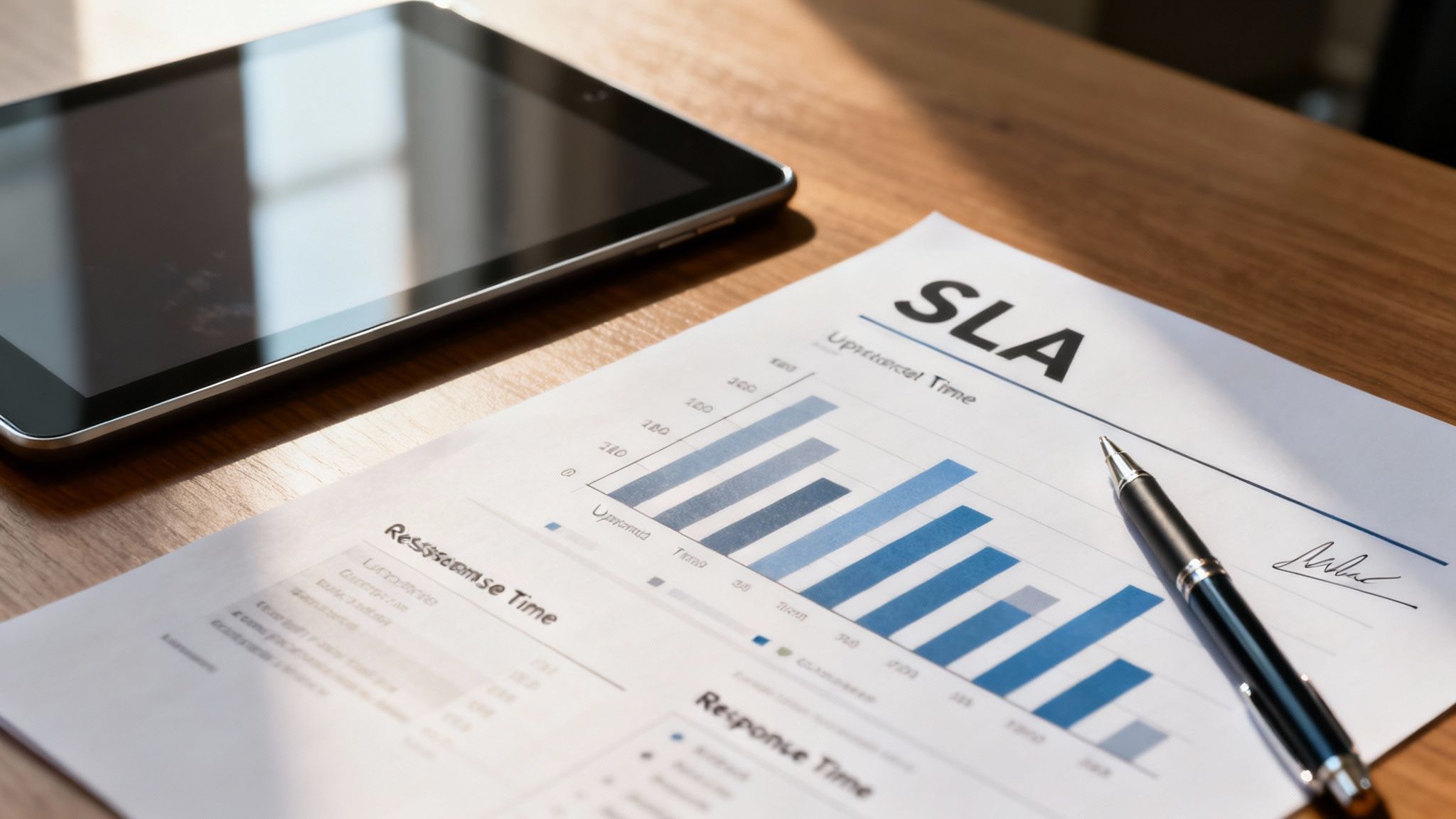 A Service Level Agreement (SLA) document with a bar chart, a pen, and a tablet on a wooden desk.