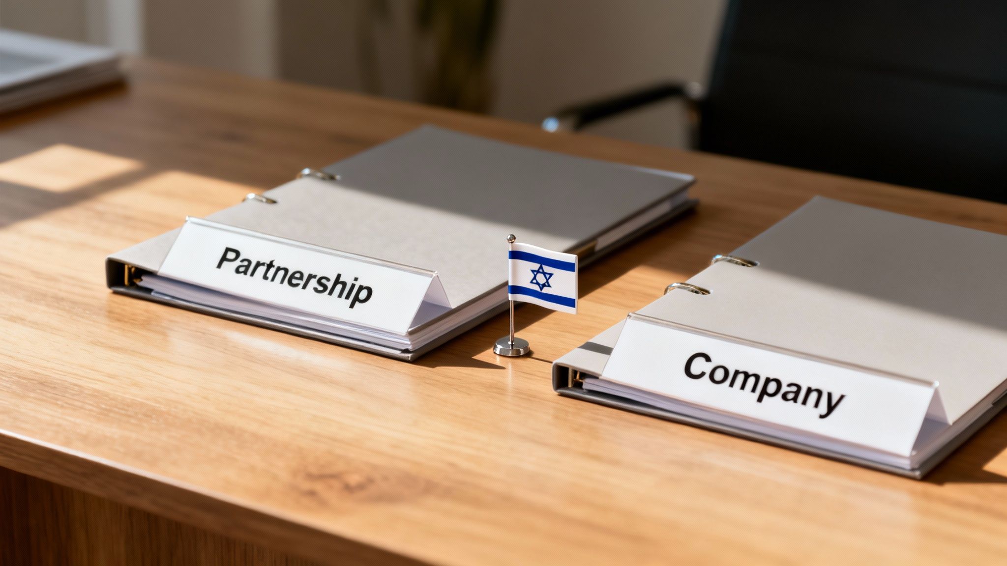 An Israeli flag stands between 'Partnership' and 'Company' binders on a wooden desk.