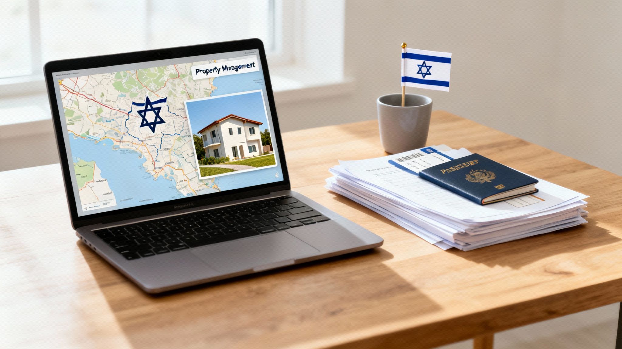 Laptop displaying property management in Israel, with a passport, documents, and flag on a wooden desk.