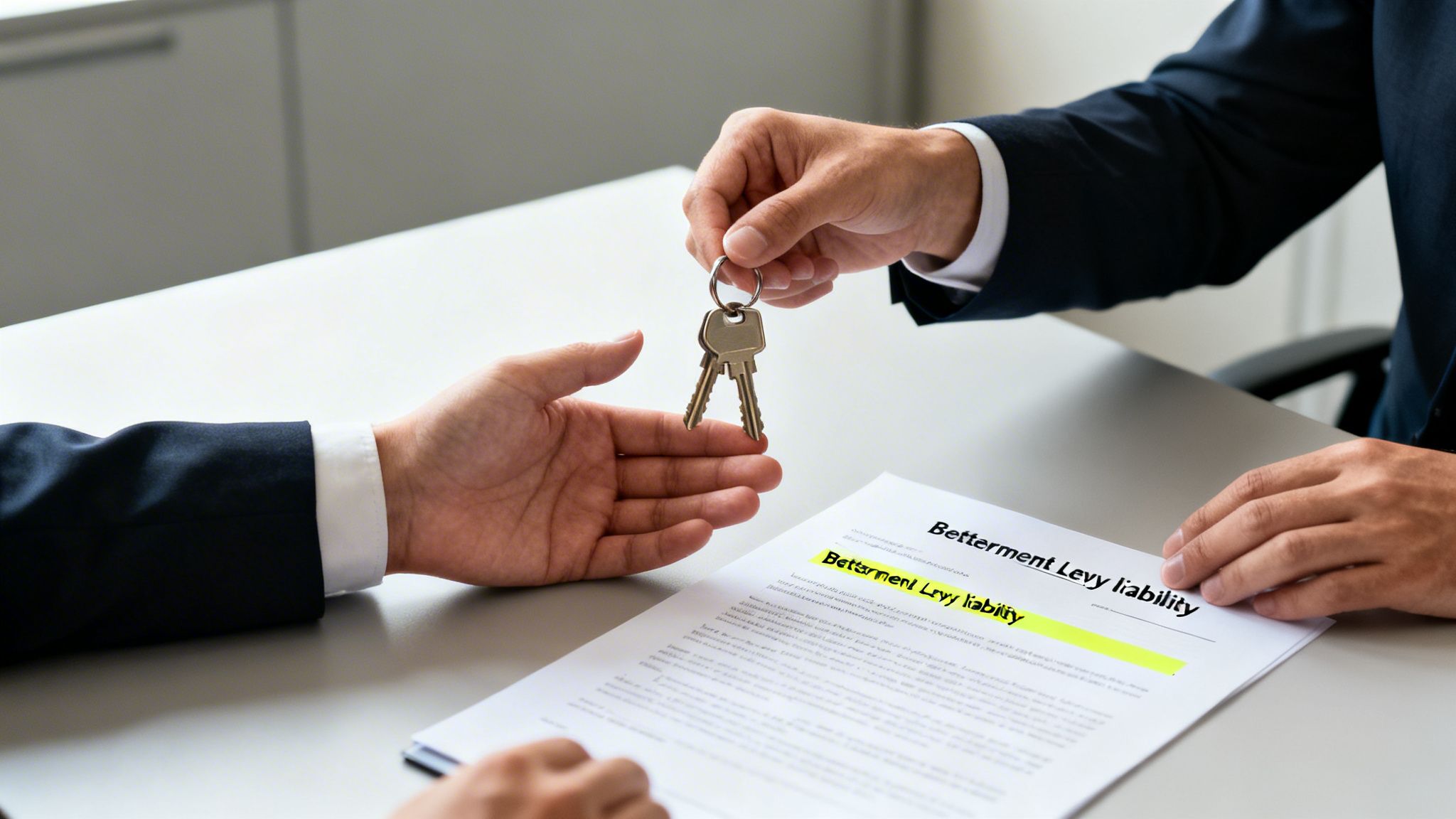 Two businessmen exchanging house keys over a contract related to betterment levy liability.