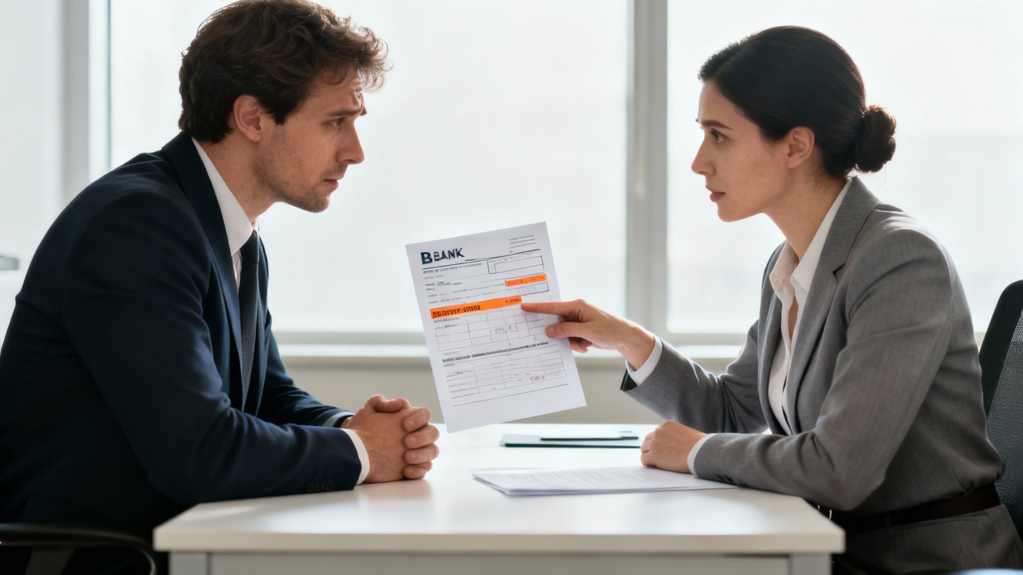 אישה וגבר בבנק, האישה מציגה מסמך בנקאי לגבר המודאג, ייתכן בנוגע לחשבון מוגבל.