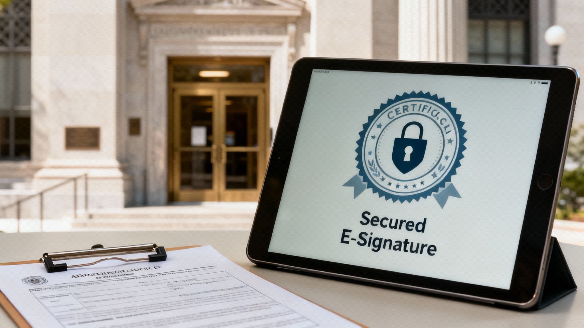 A tablet displaying a 'Secured E-Signature' certification next to a document on a clipboard outside a building.