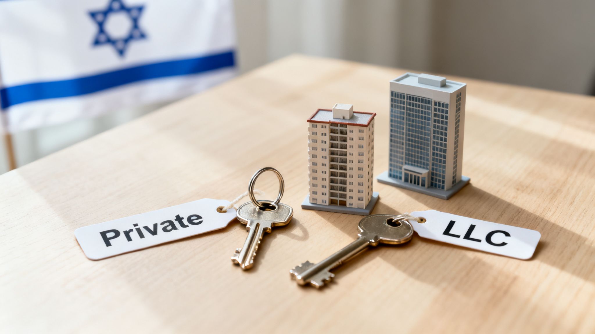 Keys labeled 'Private' and 'LLC' for miniature apartment and office buildings on a table.