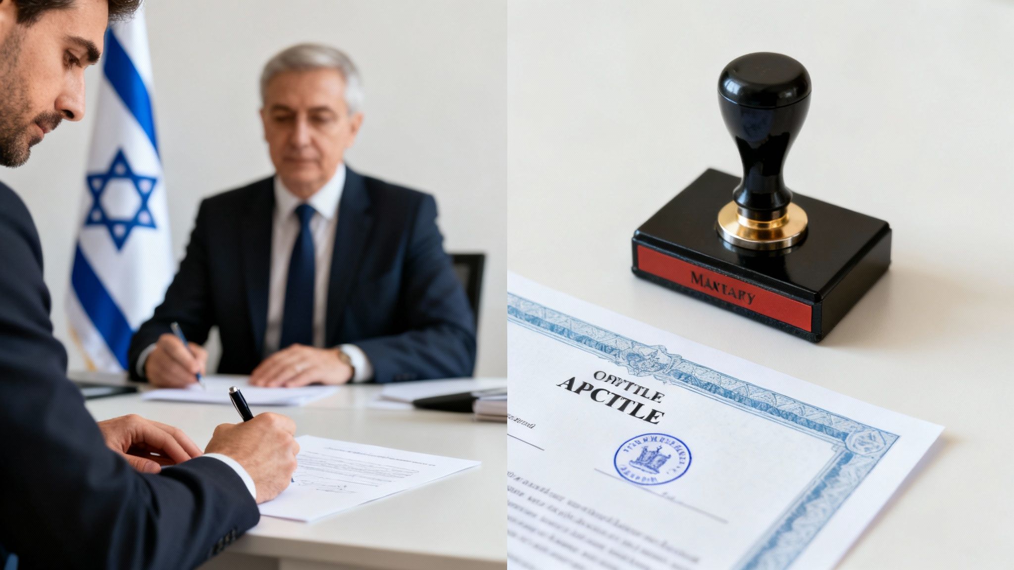 Two men in suits signing official documents at a desk, with an Israeli flag and a notary stamp nearby.