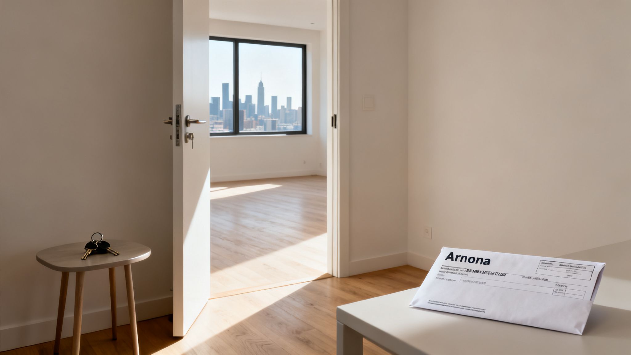 An empty apartment features a city skyline view, keys on a table, and an Arnona envelope.