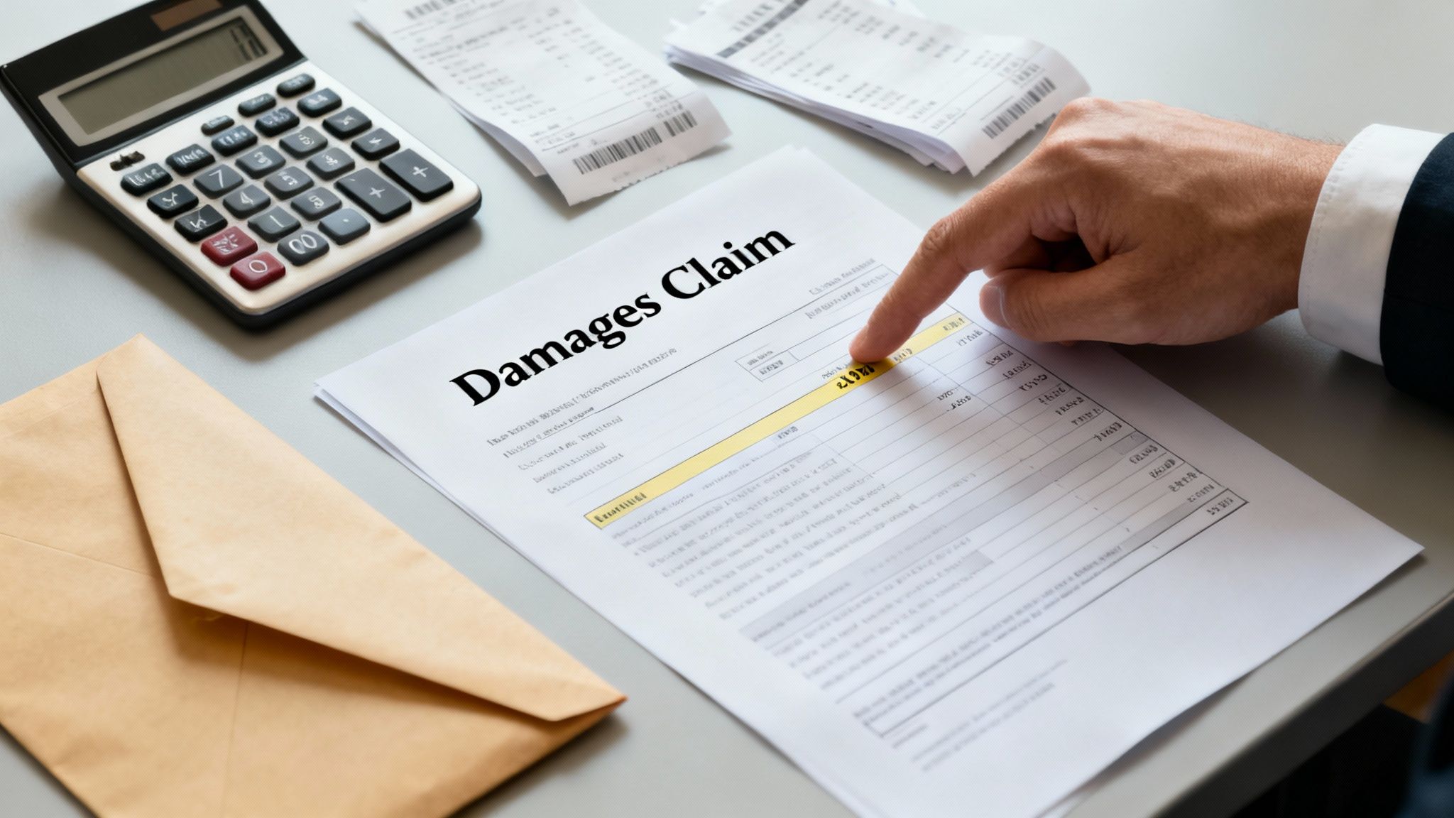 A person's hand points to a 'Damages Claim' document, with a calculator, receipts, and an envelope on a desk.