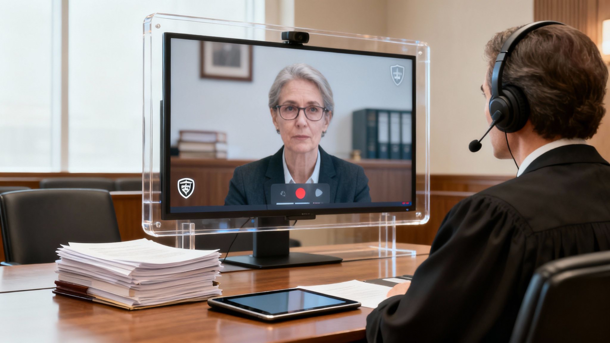 A judge in a courtroom participates in a virtual hearing with a woman on screen, wearing a headset.