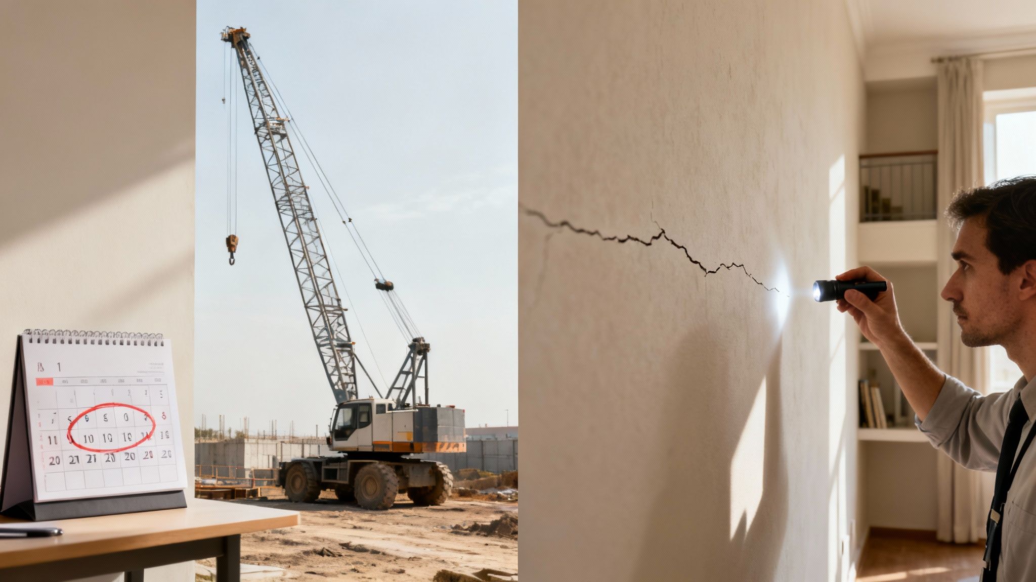 A calendar with a circled date, a construction crane, and a man inspecting a wall crack with a flashlight.