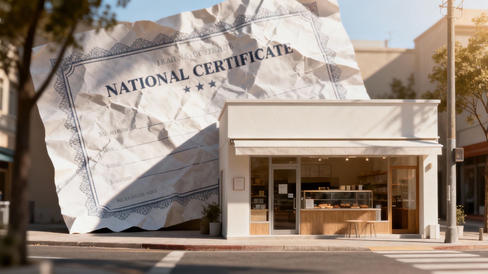 תעודה לאומית מקומטת וענקית עומדת ברחוב, מאחורי בית קפה קטן ומודרני עם שמש וצללים.