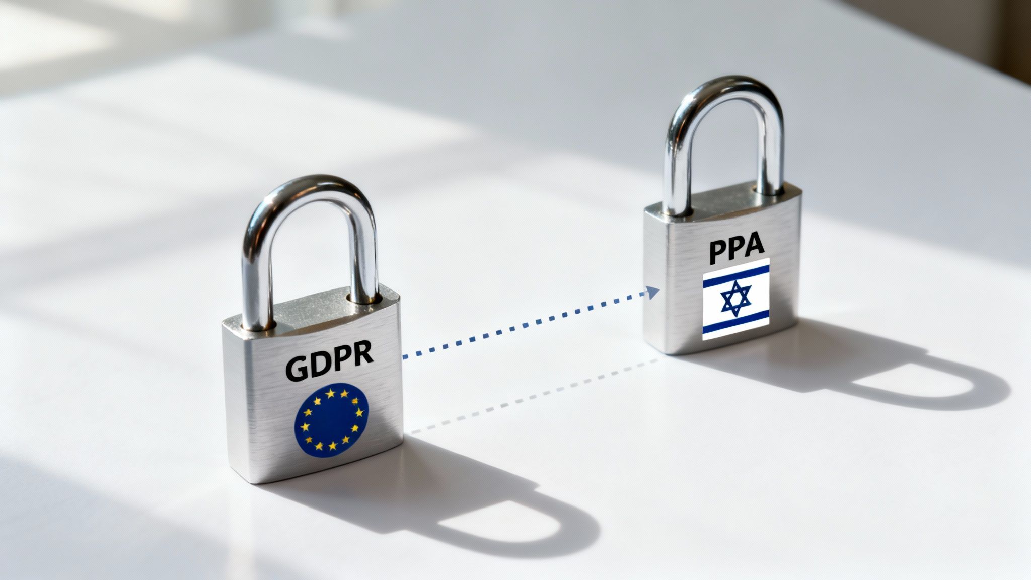 Two padlocks connect EU GDPR data protection with Israel's PPA regulation.