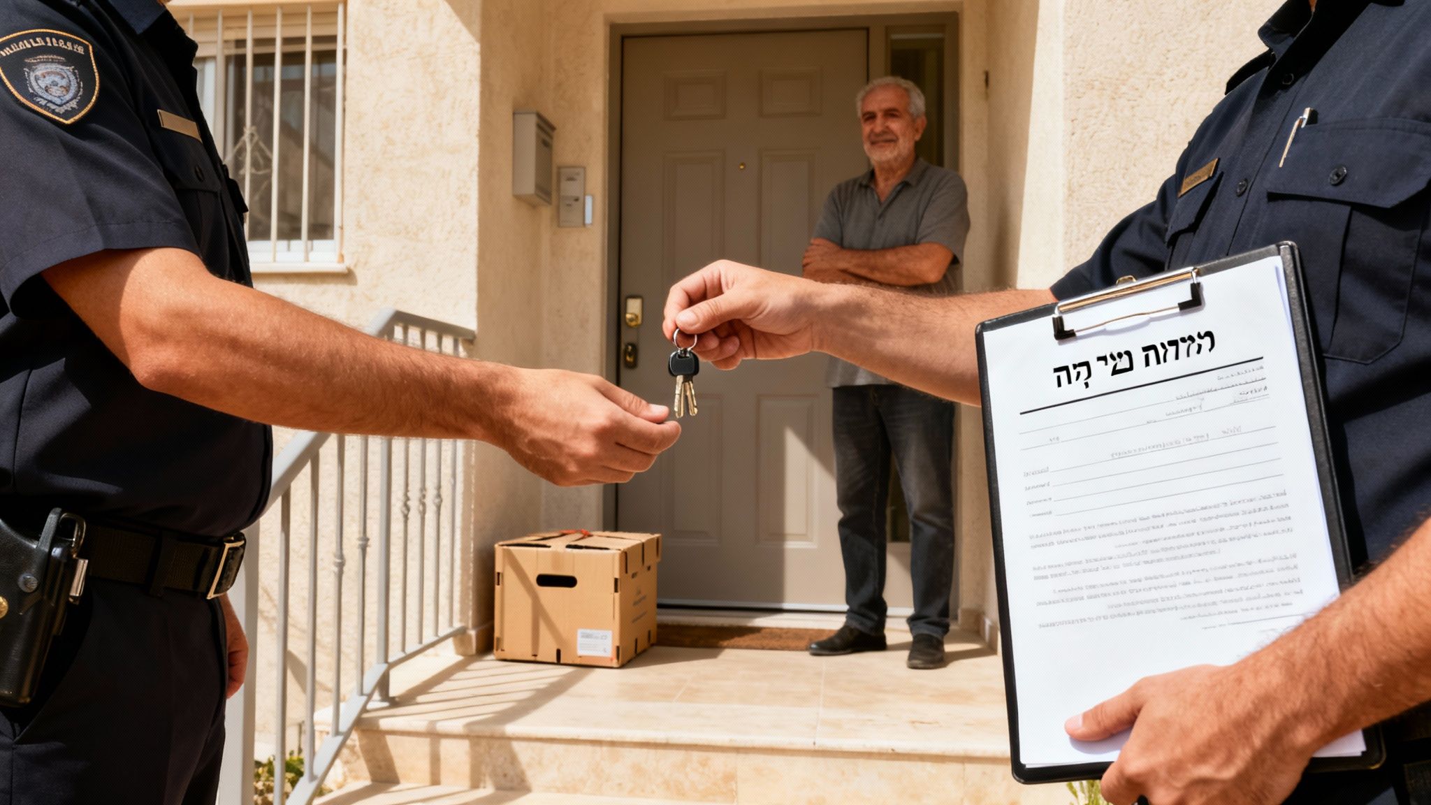 שני גברים במדים מחליפים מפתחות מול דלת בית, כשגבר מבוגר צופה מהפתח.