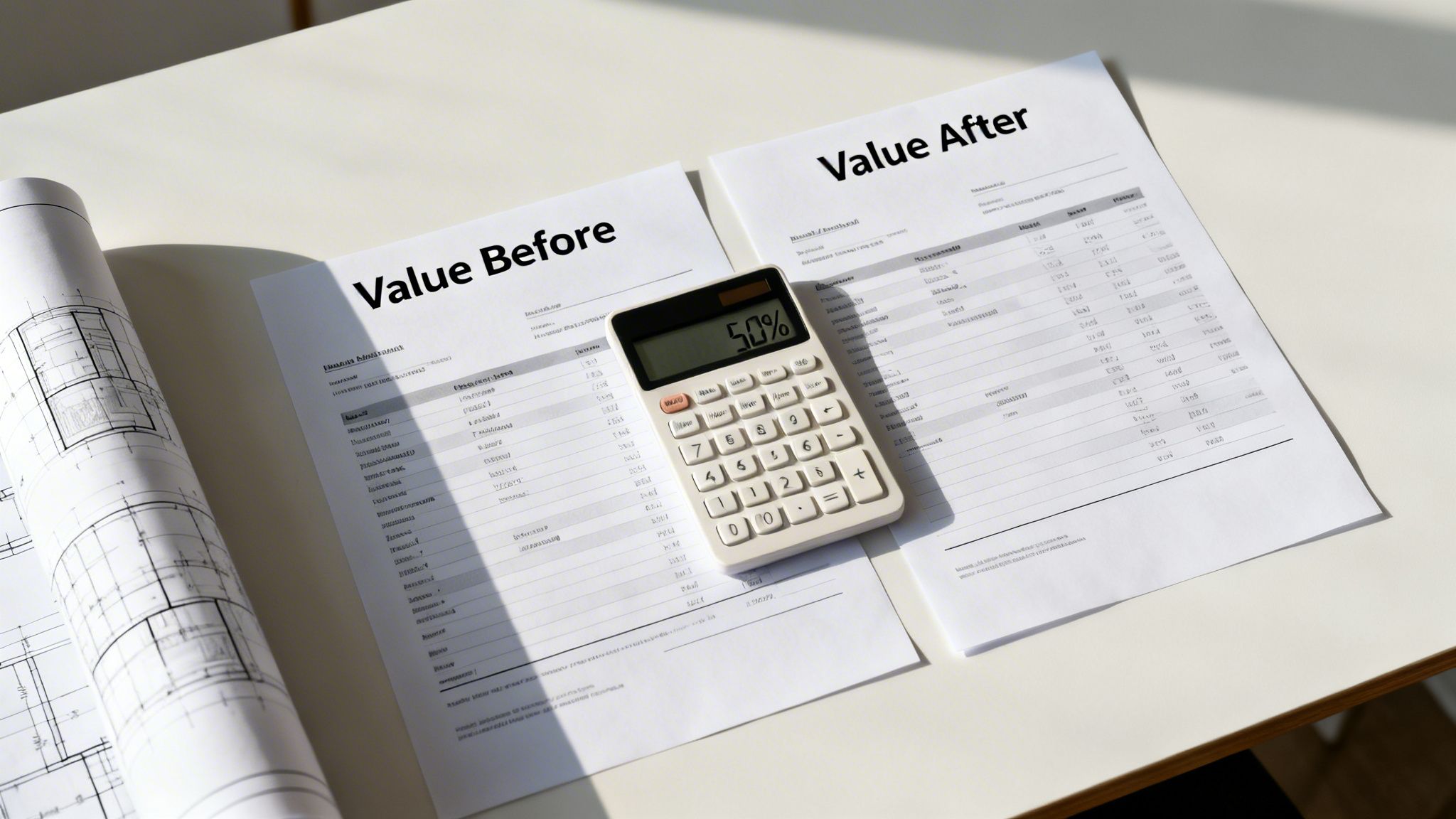 Calculator displaying 50% on 'Value Before' and 'Value After' documents with blueprints.