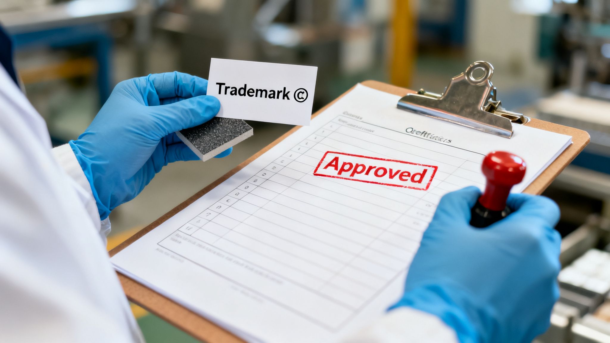 A person in blue gloves and a lab coat holding a 'Trademark ©' card and a clipboard with an 'Approved' stamp.