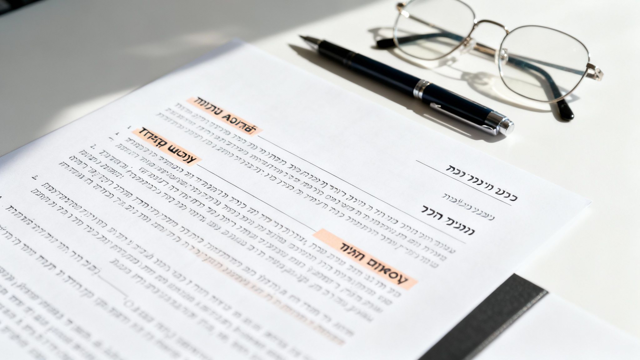 מסמך משפטי בעברית, עט ומשקפיים על שולחן עבודה, מייצג עיון בחוזים.