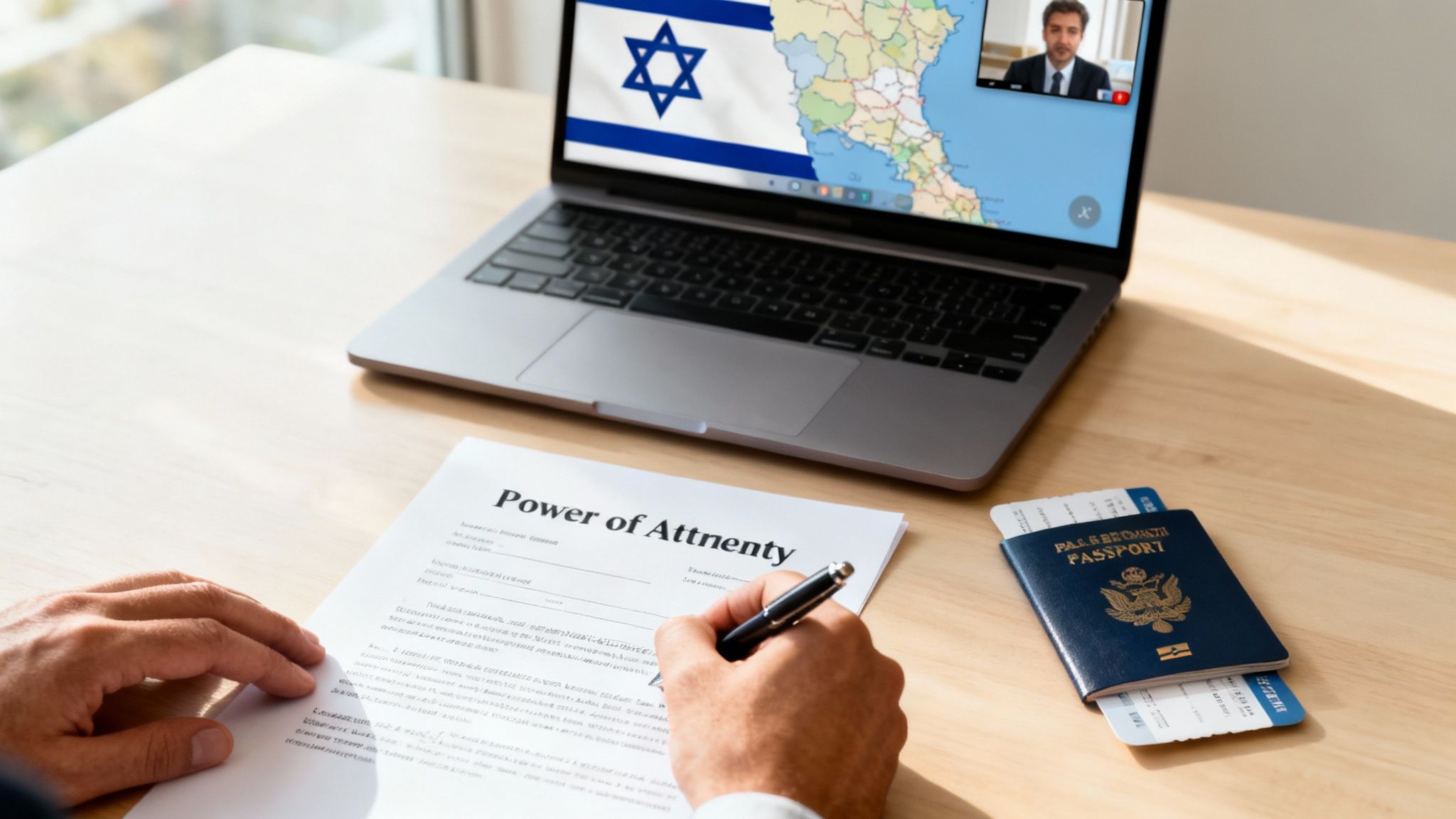 A person signs a Power of Attorney document on a desk with a laptop showing Israel's flag and a video call, and a US passport with boarding passes.