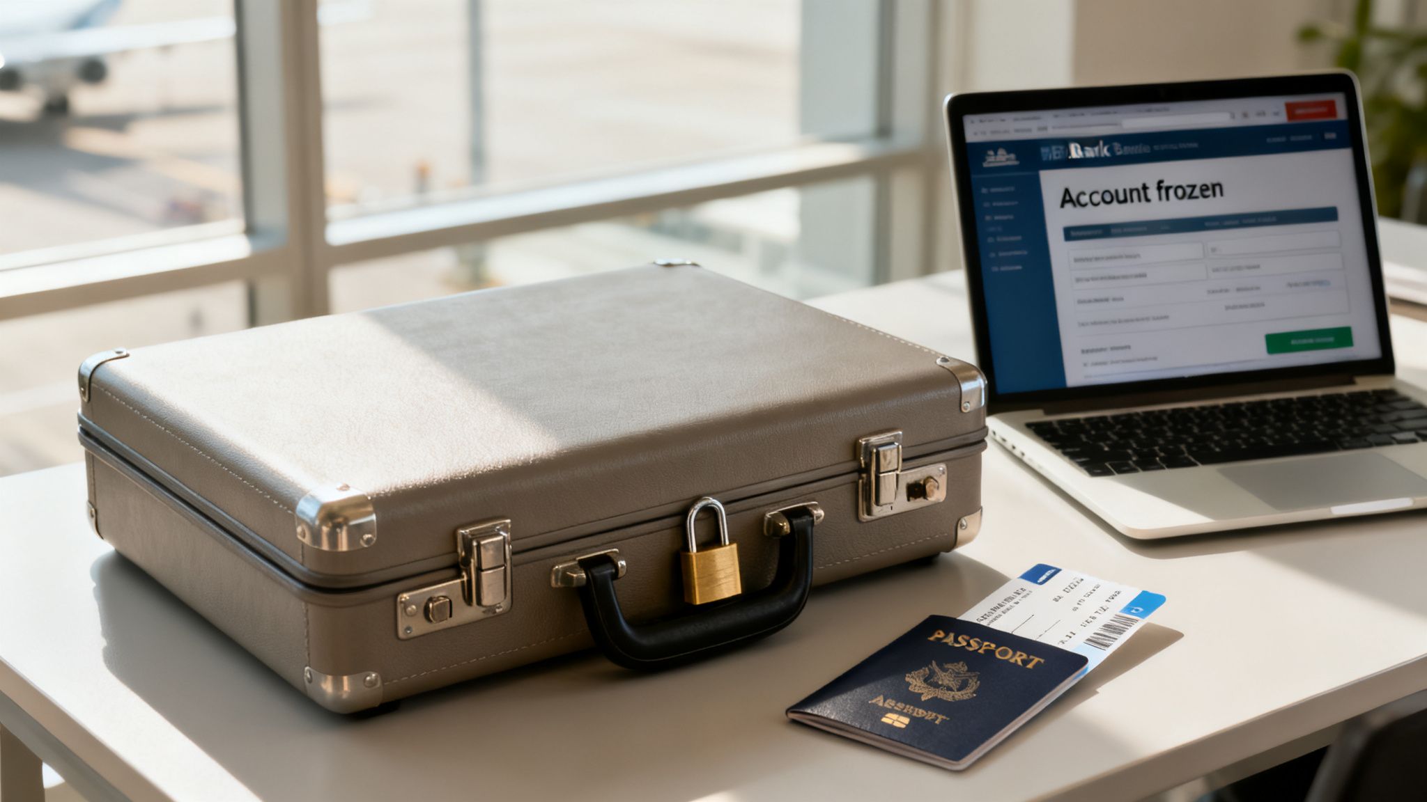 Briefcase with a padlock, passport, and boarding pass next to a laptop at an airport.