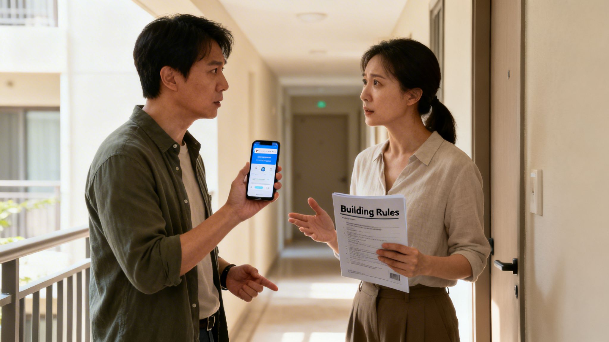 A man shows his smartphone to a woman holding a 'Building Rules' document in a hallway.