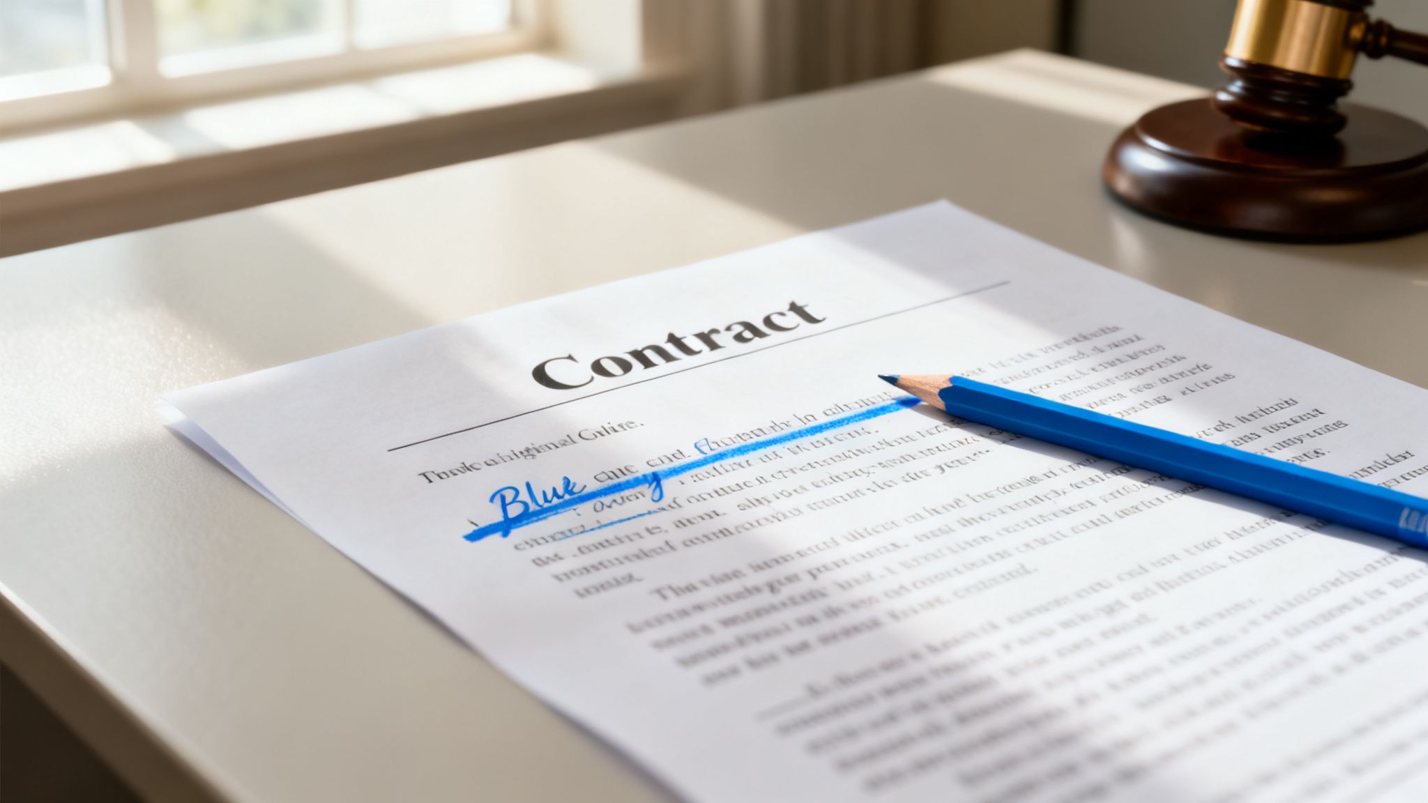 A contract document on a desk, with a blue pencil highlighting text and a gavel in the background.