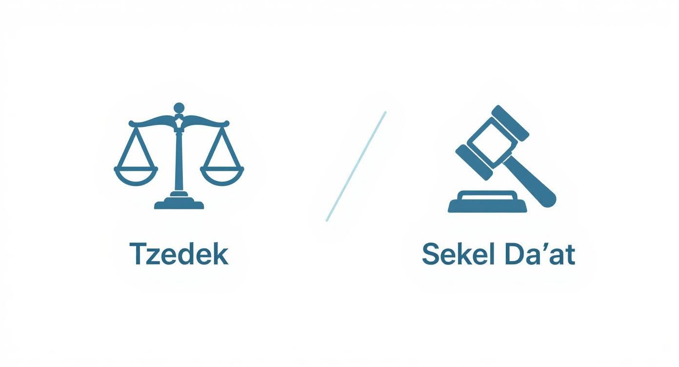 תמונה המציגה מאזני צדק עם הכיתוב 'צדק' ופטיש שופטים עם הכיתוב 'שכל דעת'.
