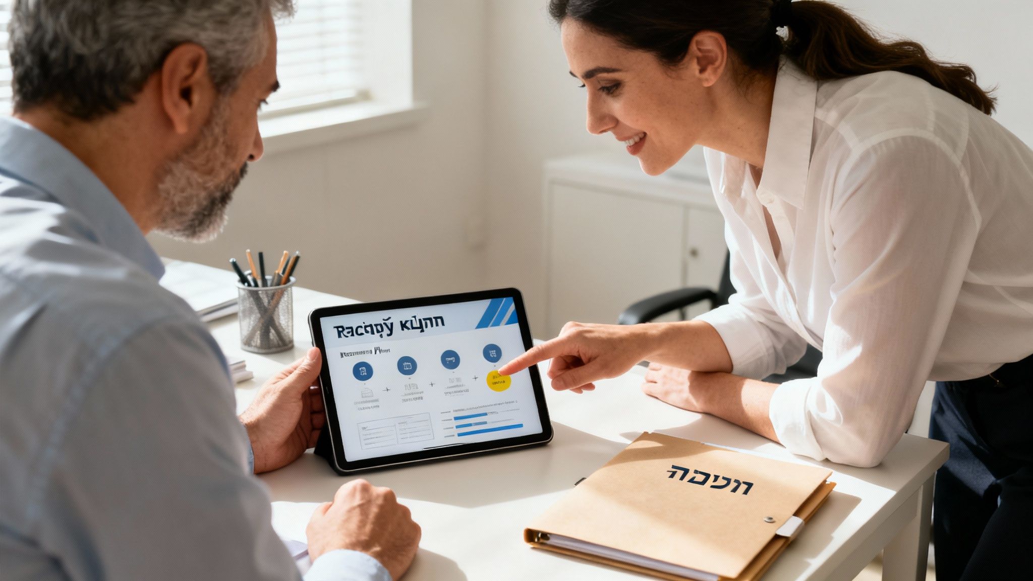 שני אנשי מקצוע מתבוננים בטאבלט במשרד. אישה מצביעה על נתונים במסך בזמן שגבר צופה.