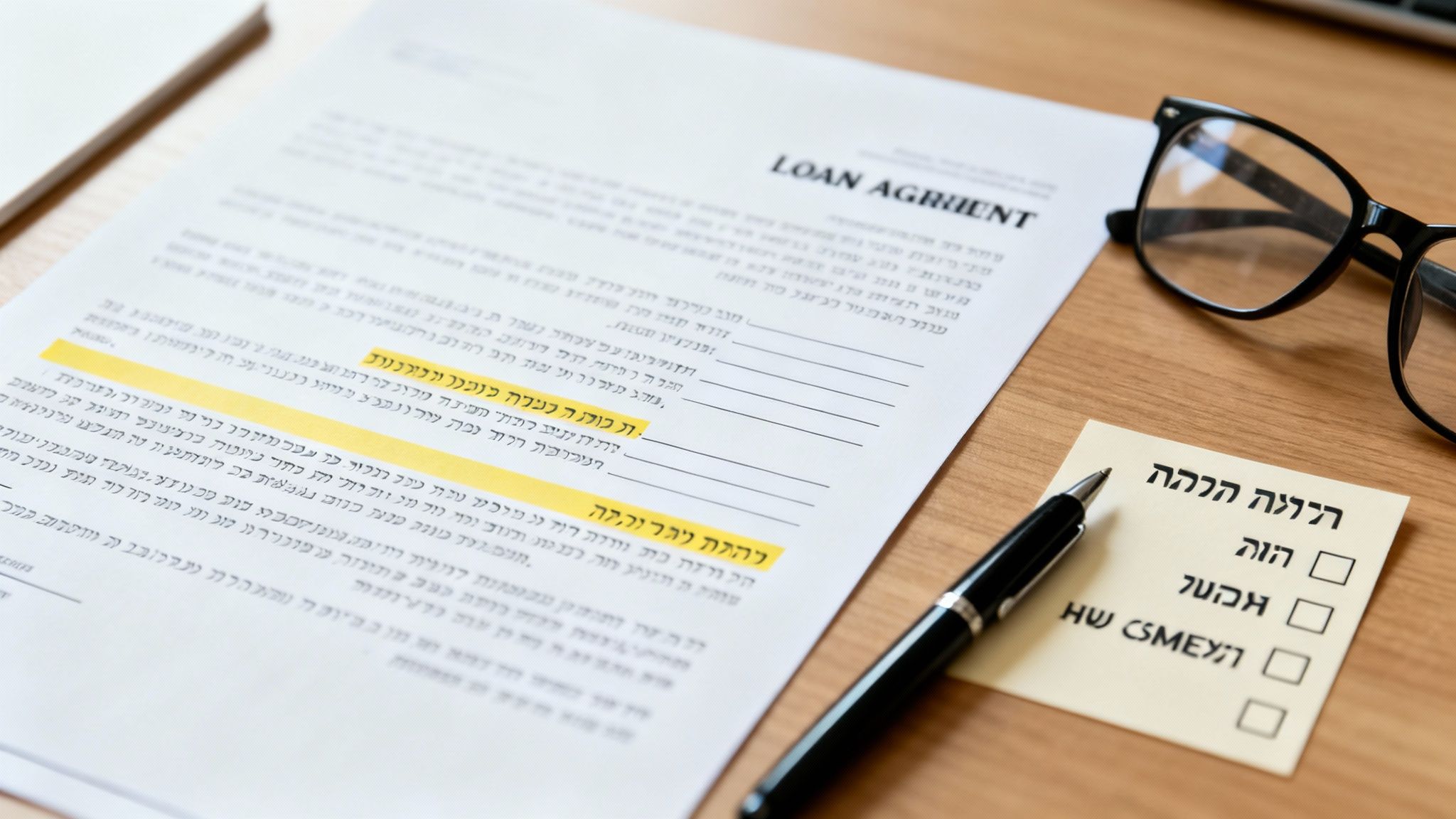 הסכם הלוואה פתוח מונח על שולחן עץ לצד משקפיים, עט ופתק ממו עם אפשרויות בחירה.