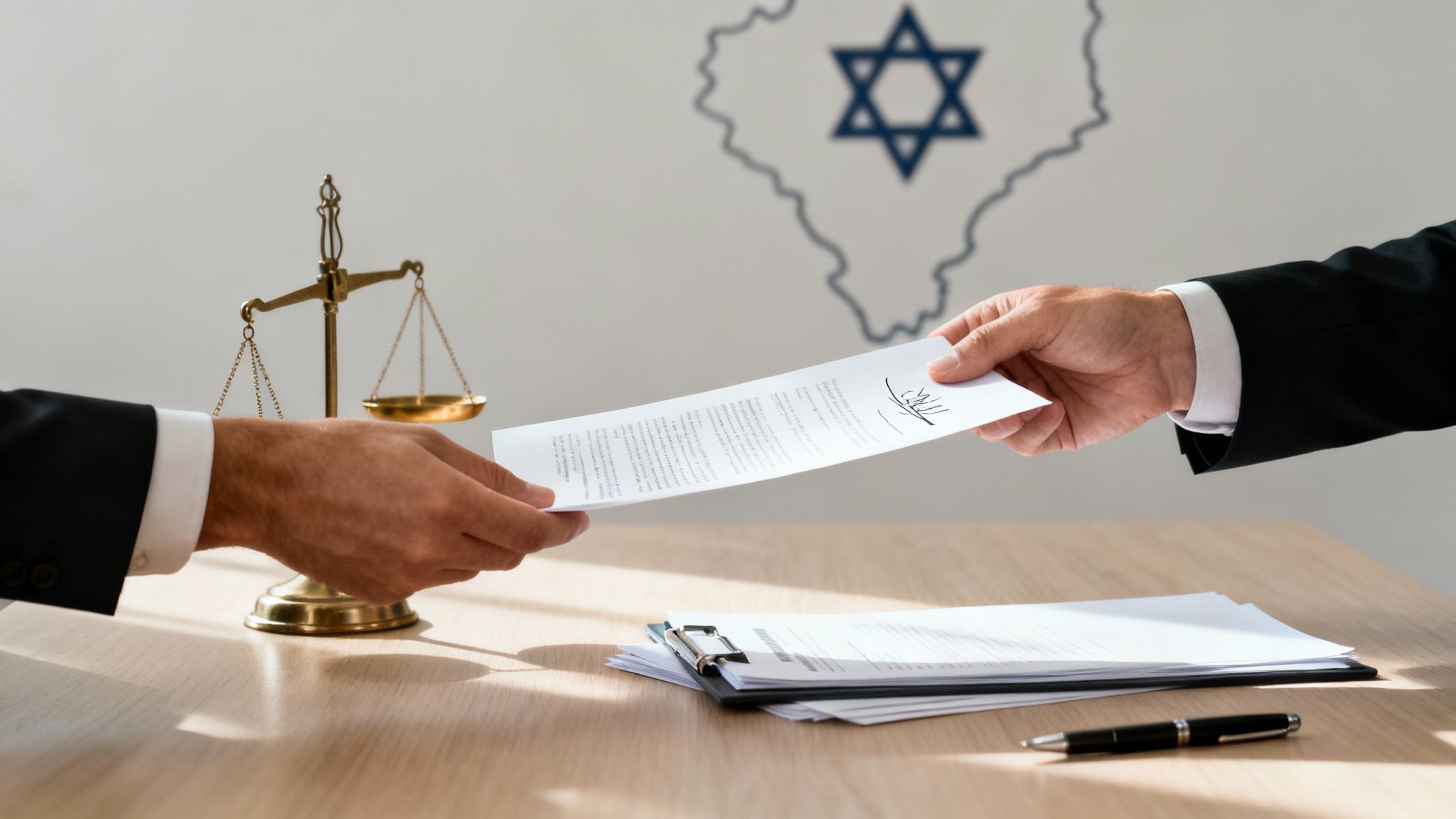 Two professionals exchange legal documents on a desk with a scale of justice and an Israel map.