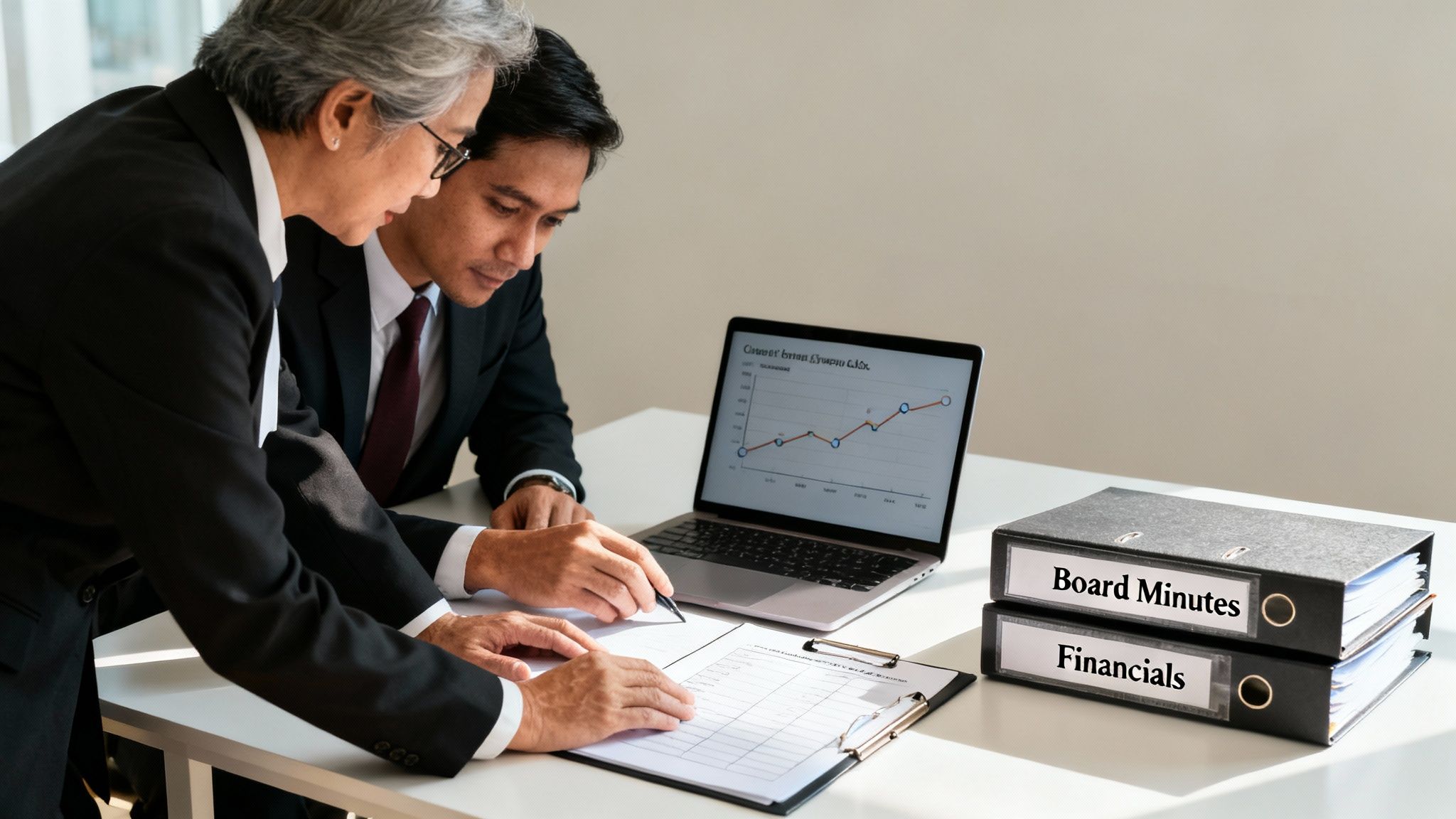 Two business professionals analyzing financial documents and a laptop with a graph during a meeting.