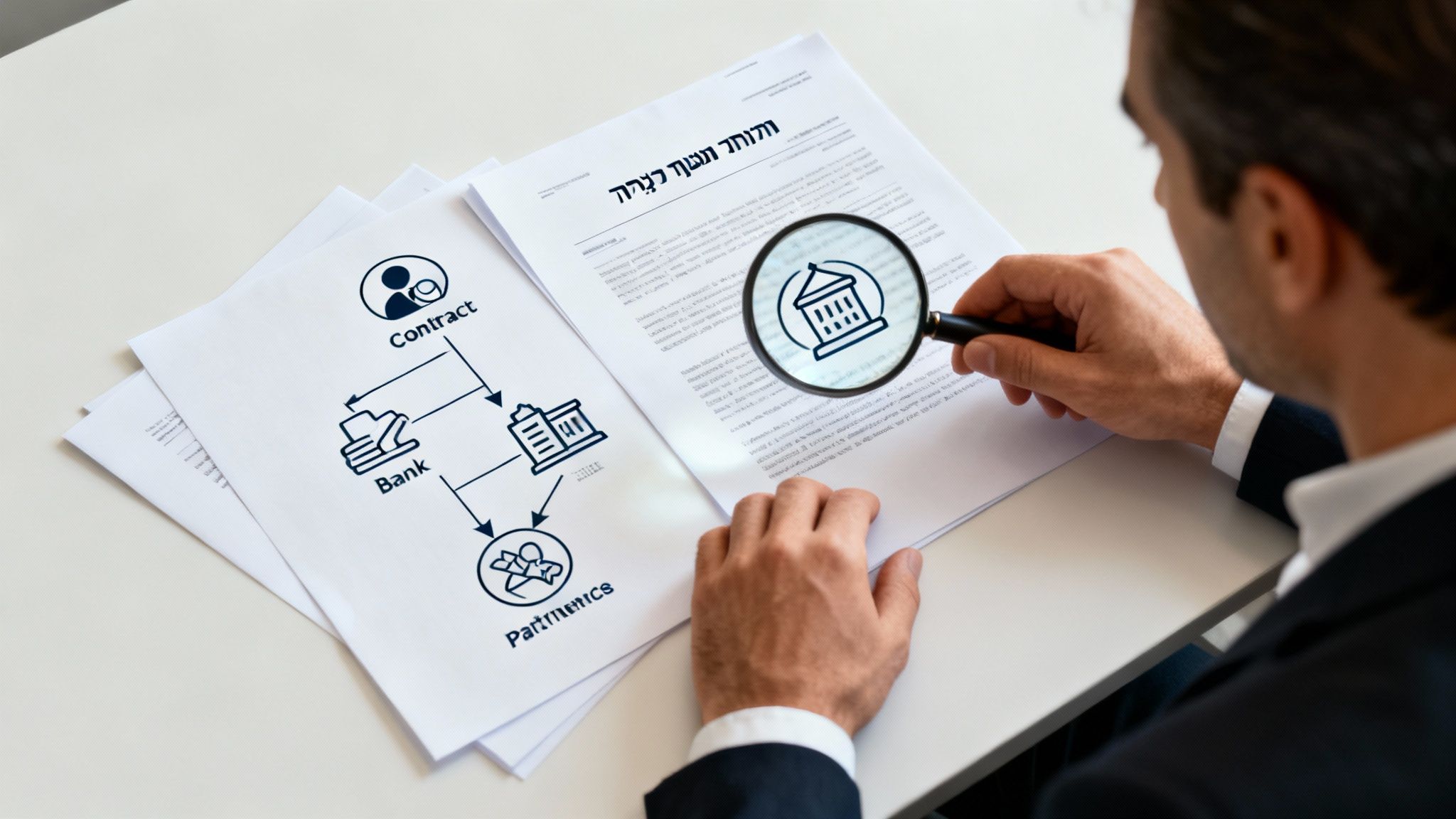 עורך דין בוחן מסמכים משפטיים ותרשים זרימה של עסקים עם זכוכית מגדלת.