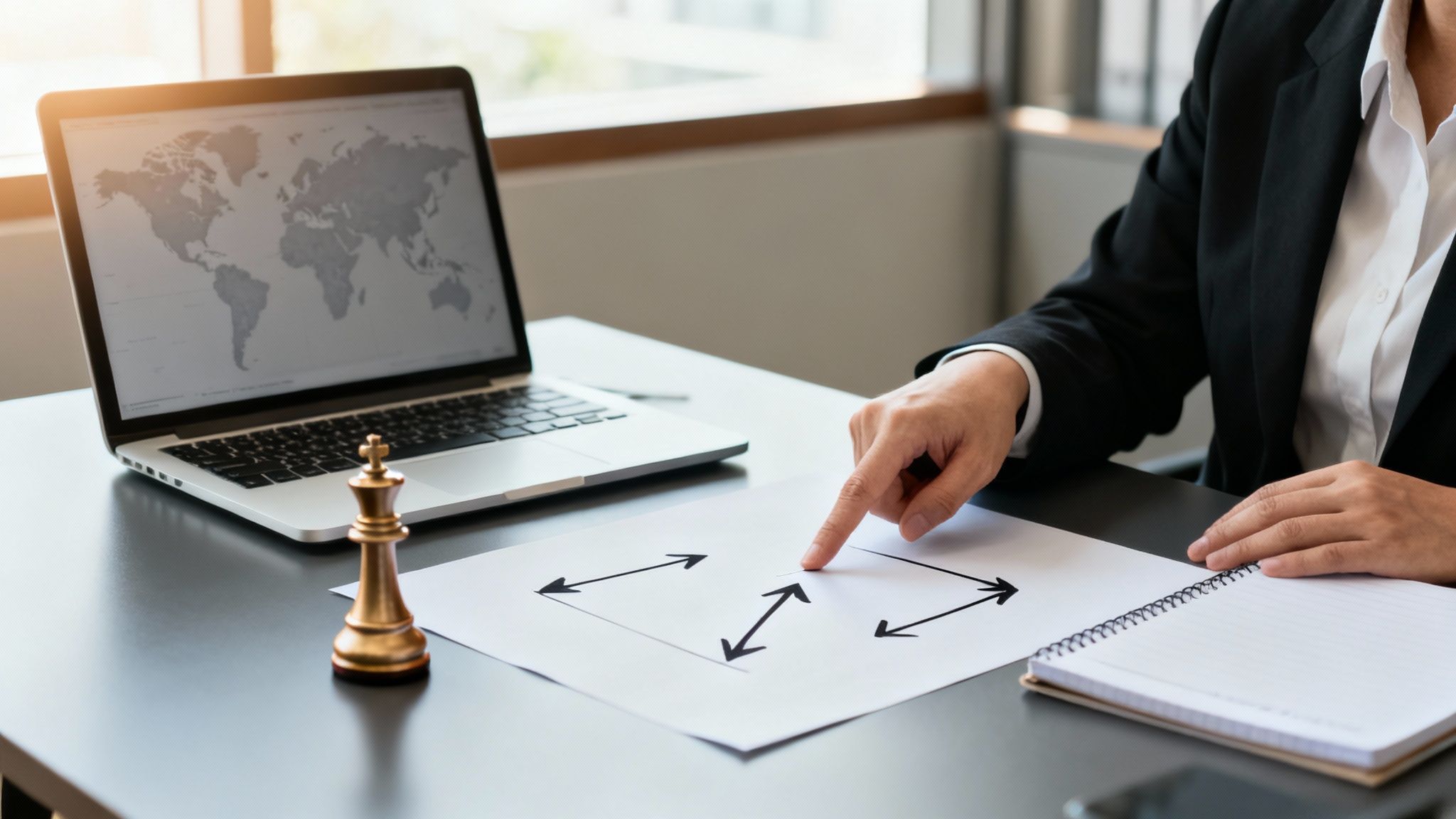 A businesswoman points at a diagram with arrows on paper, next to a laptop showing a world map.