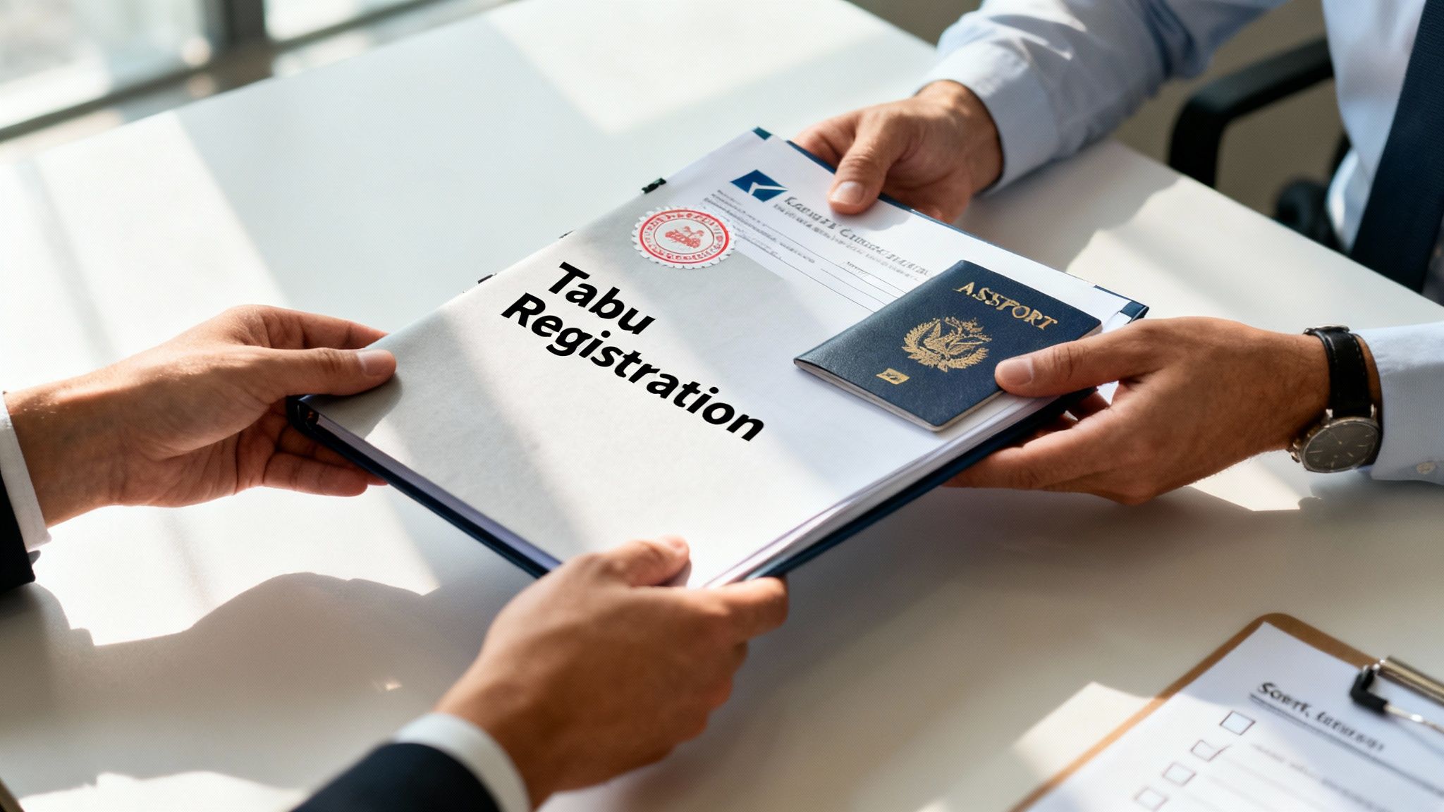 Two people in business attire exchanging a Tabu Registration document and a passport at a desk.