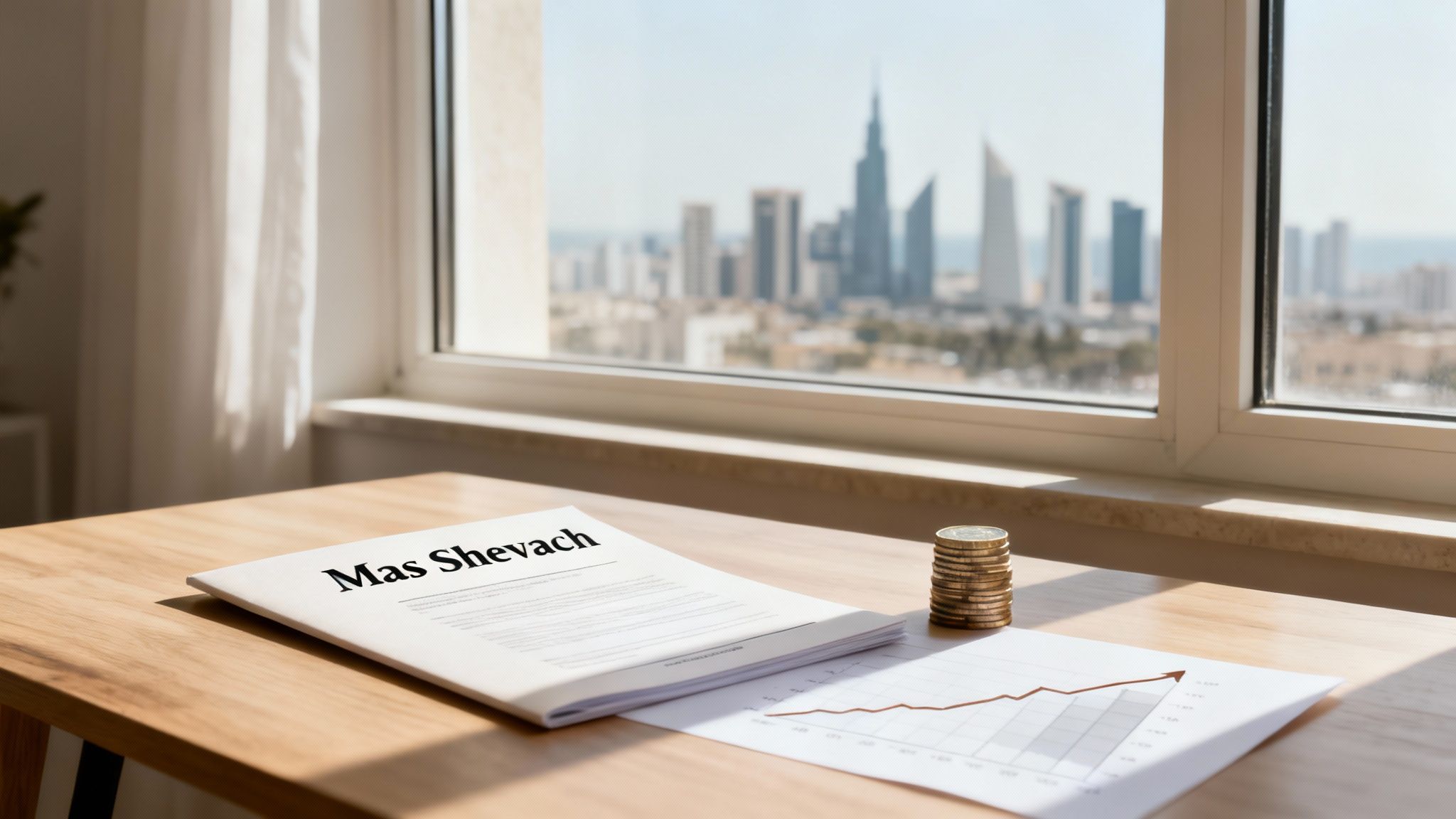 Desk with 'Mas Shevach' tax document, coins, and a growth chart overlooking a city skyline.
