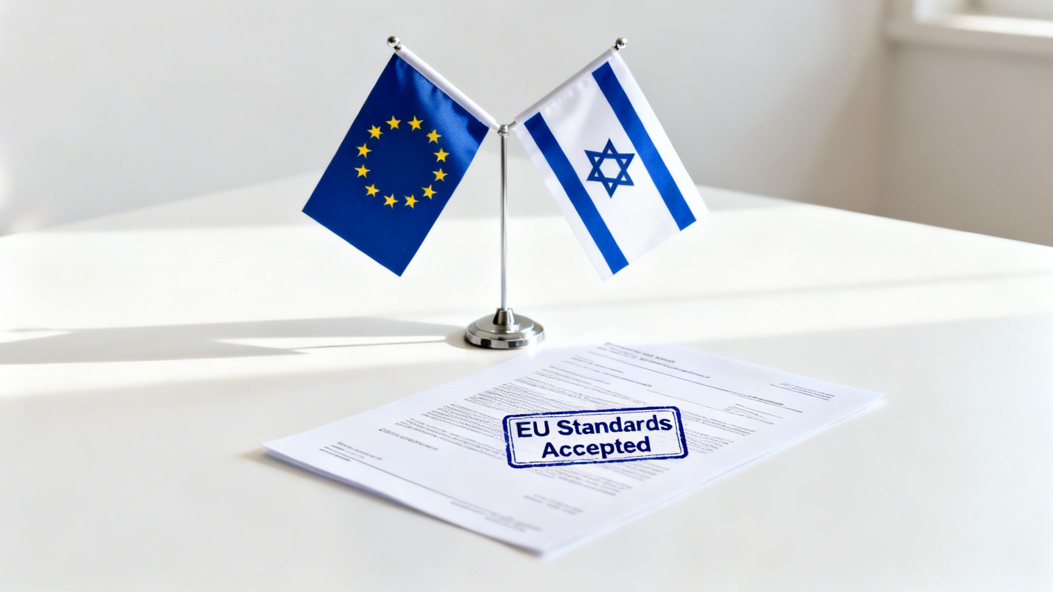 Desk flags of the EU and Israel sit beside a document stamped 'EU Standards Accepted'.