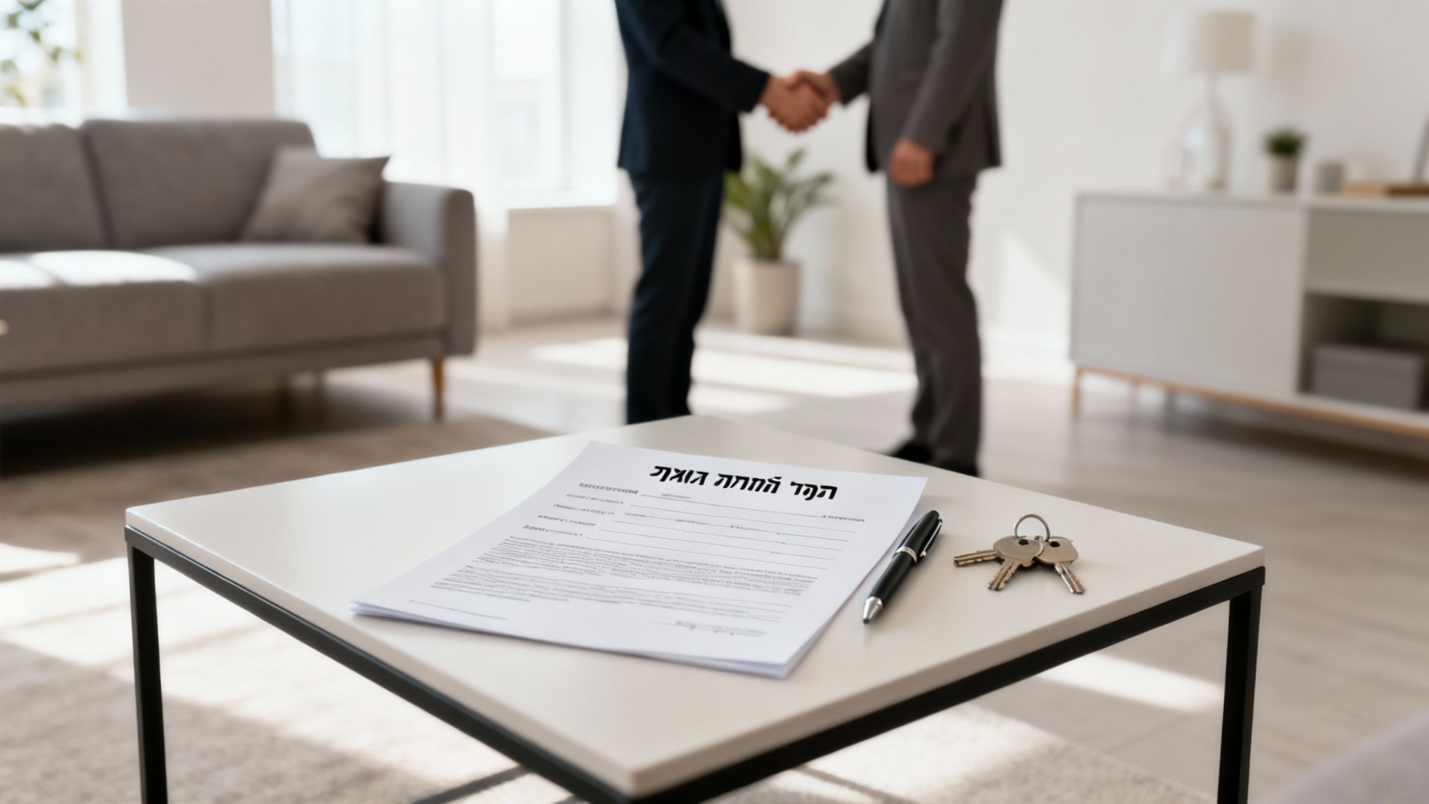 גברים לוחצים ידיים לאחר חתימה על חוזה שכירות, עם מפתחות דירה ועט על שולחן קפה.