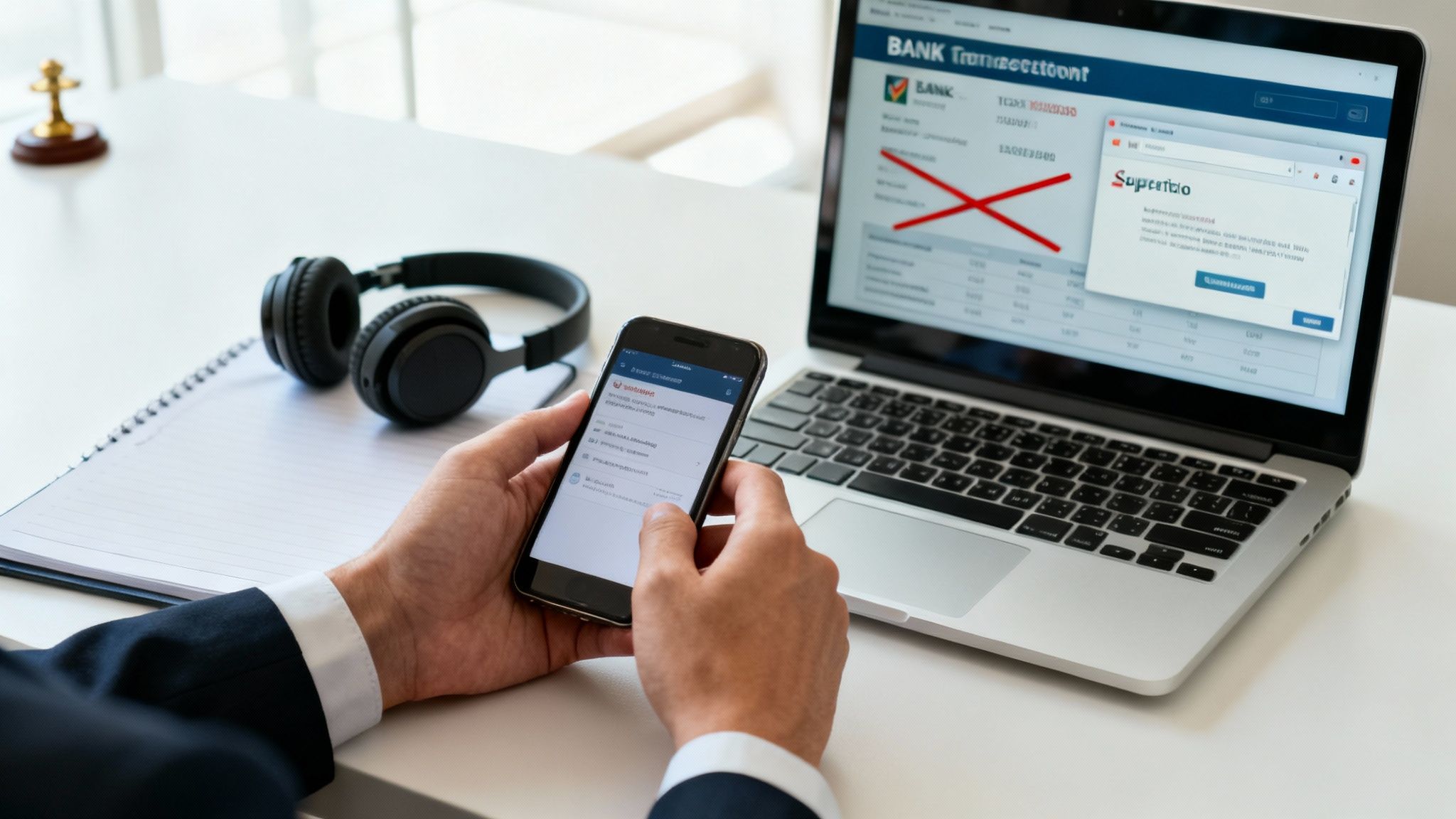 A person in a suit uses a smartphone while a laptop shows a bank transaction screen with a warning.