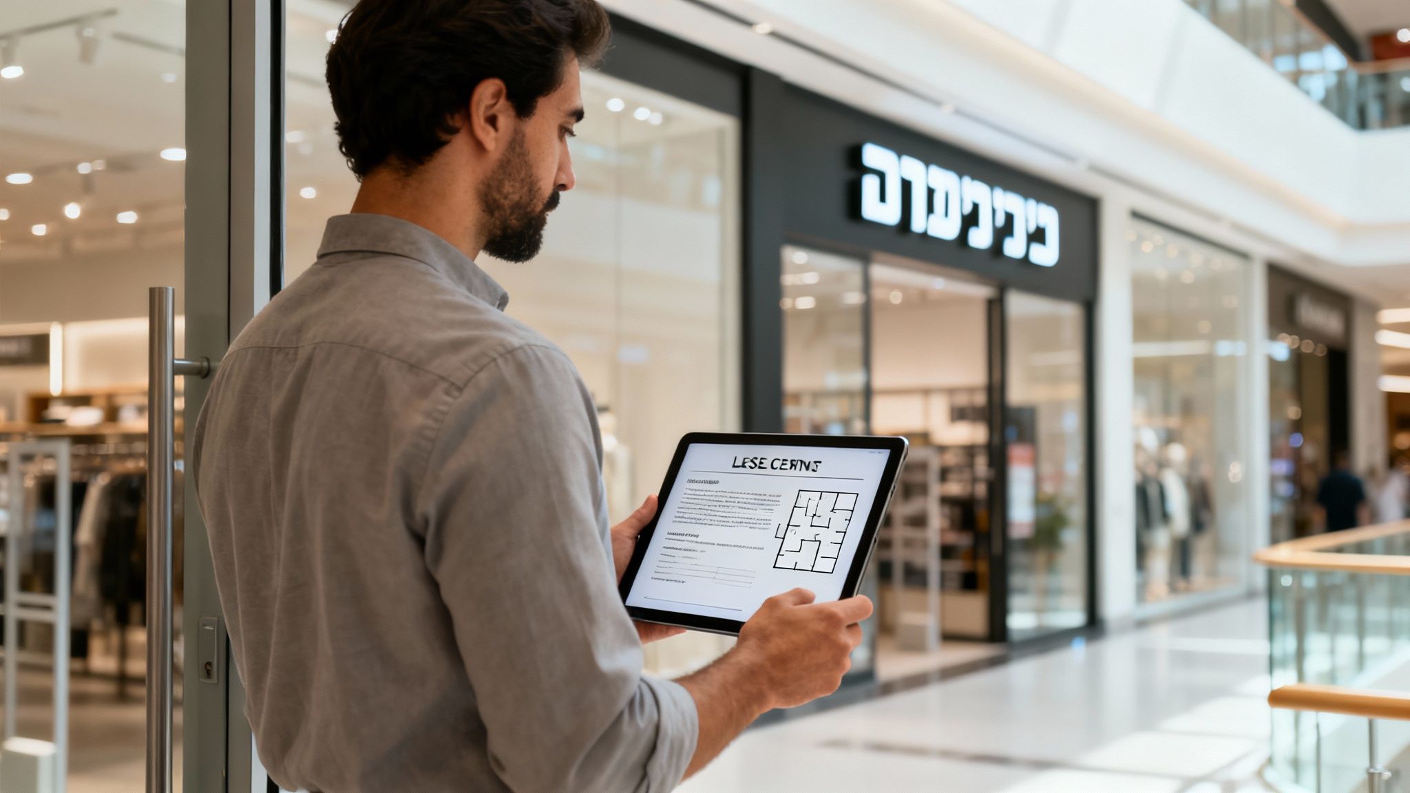 A man with a beard stands in a mall looking at a tablet displaying a floor plan and lease details.