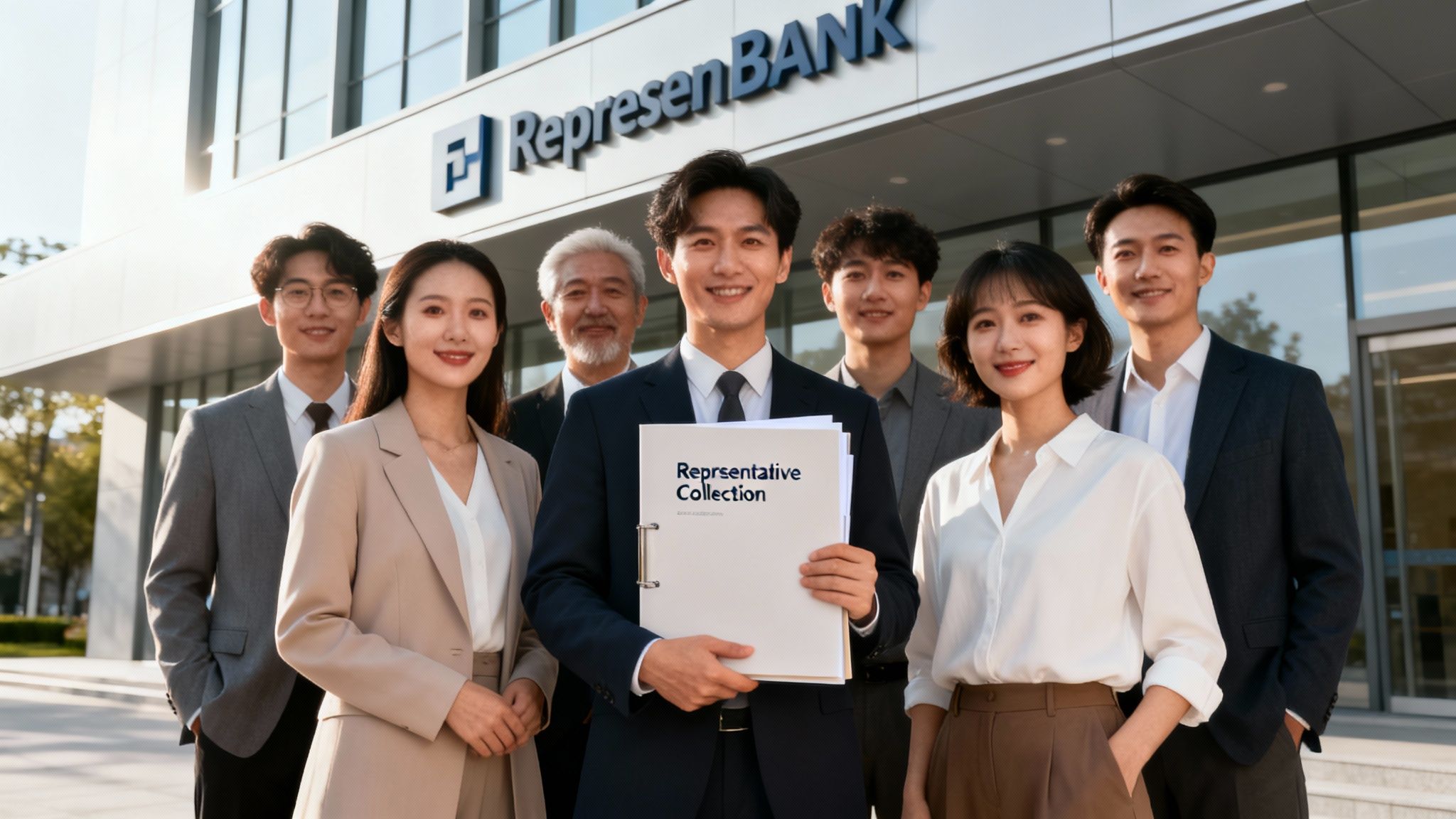 צוות עובדים מקצועי ומגוון של בנק, כולל נשים וגברים, עומד בחזית הבניין המודרני.