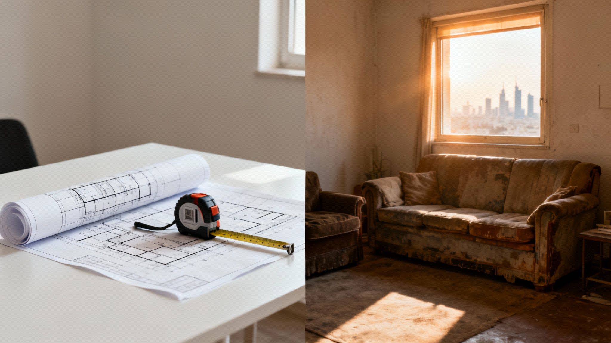 Blueprints and a tape measure on a table contrast with an old, worn sofa in a room with a city view.
