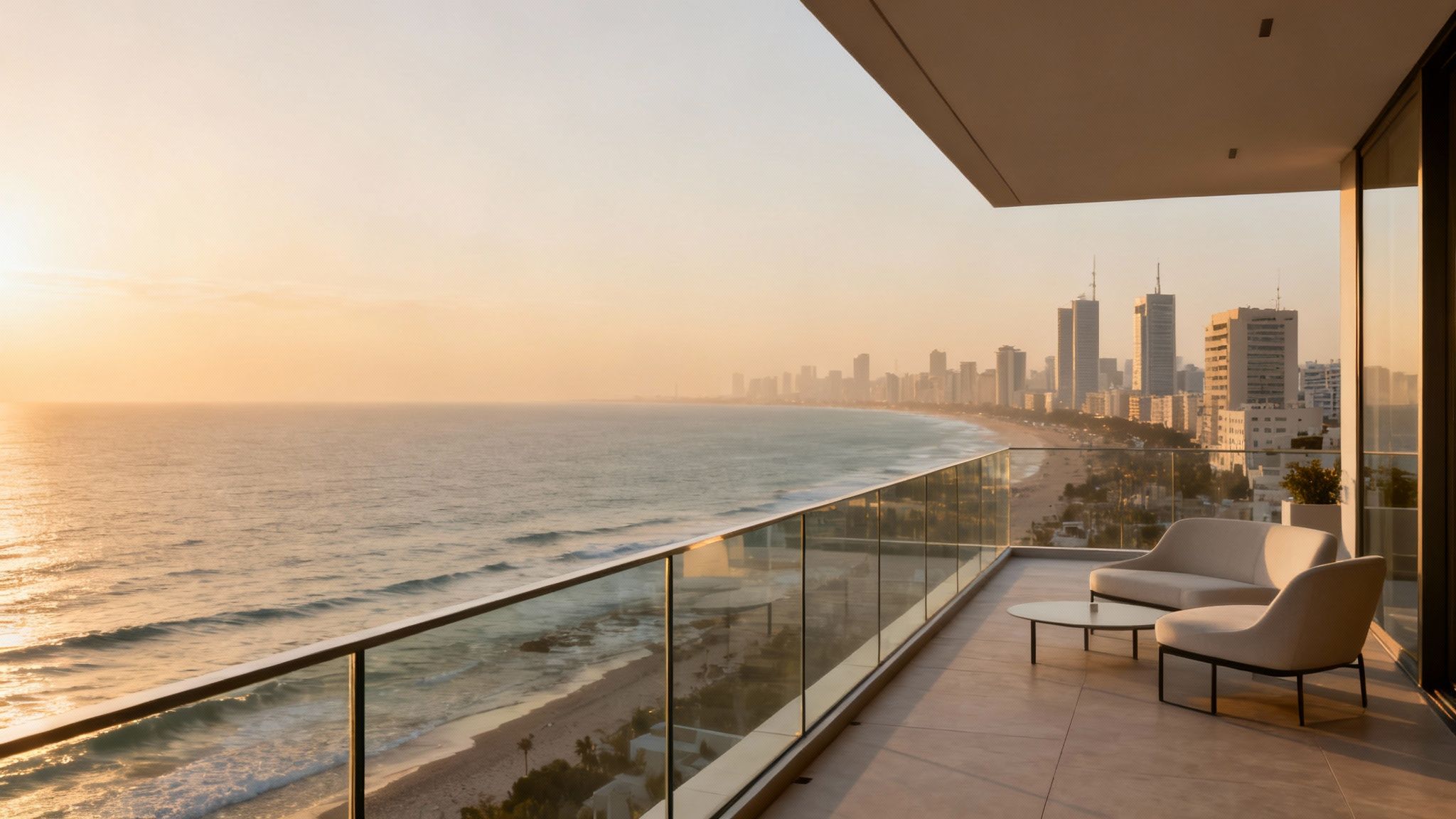 Luxury balcony with modern furniture, overlooking a beach, ocean, and city skyline at sunset.