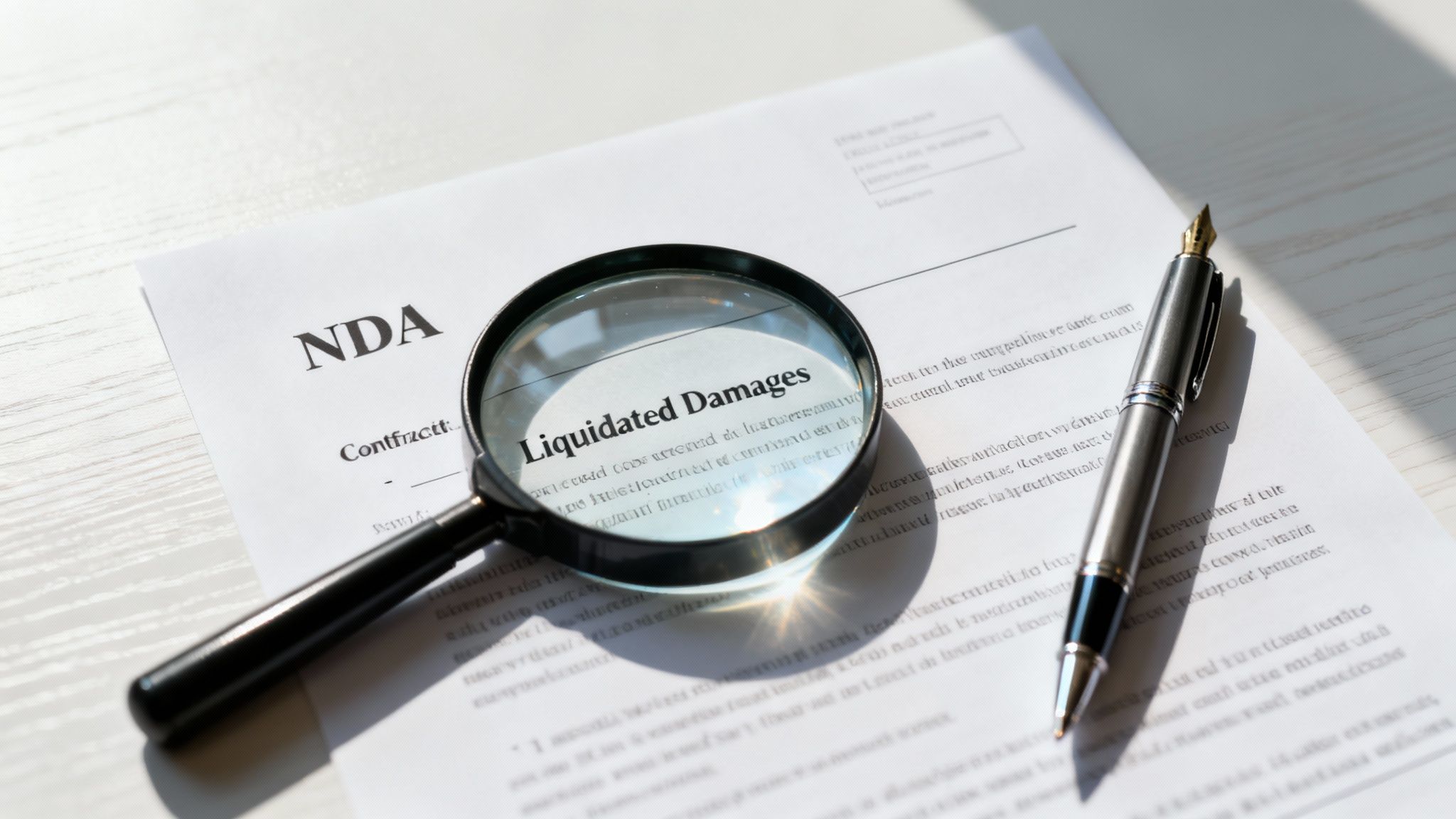 A magnifying glass highlights 'Liquidated Damages' on an NDA contract, with a fountain pen nearby.
