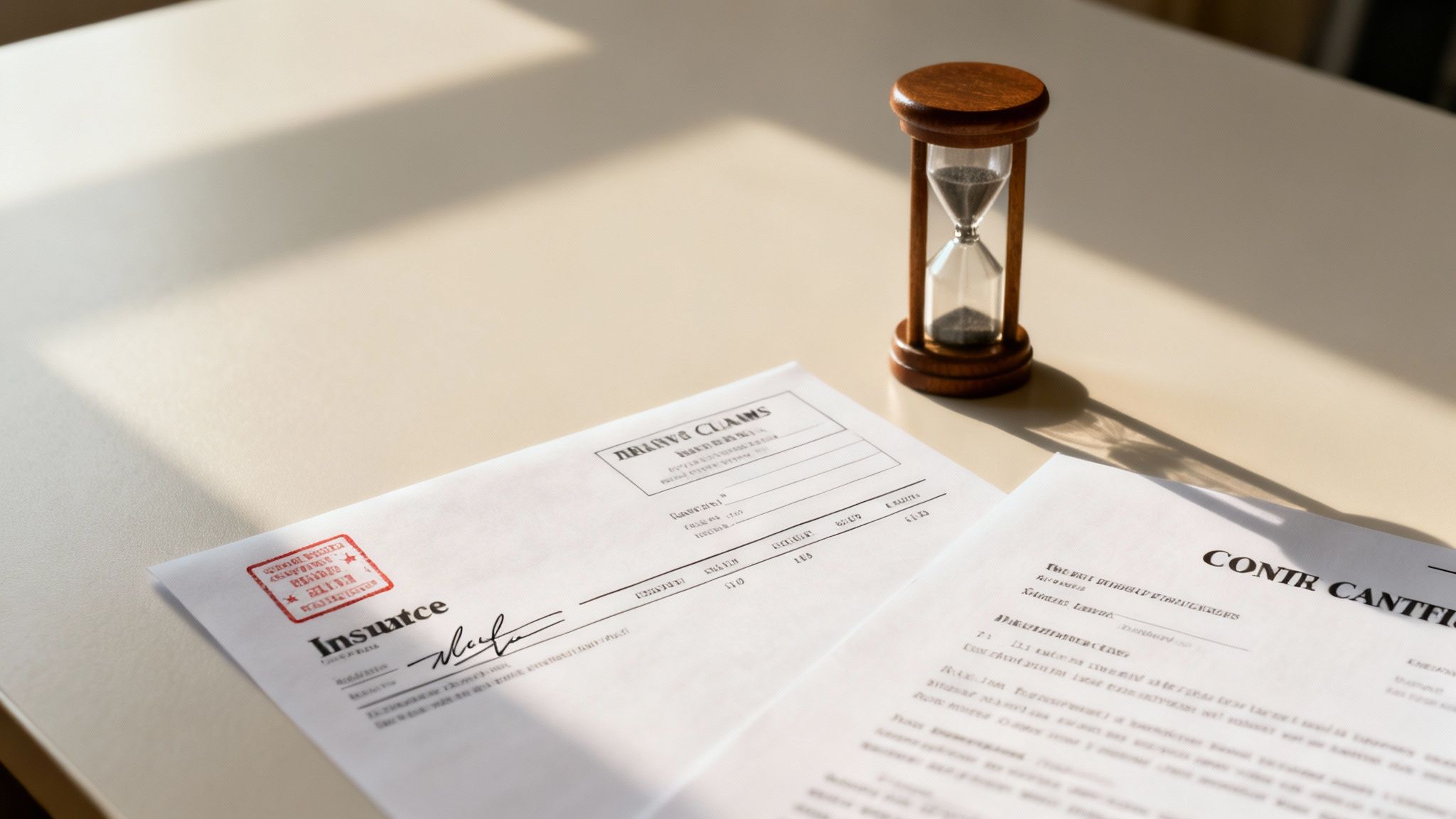 An hourglass stands next to legal paperwork and insurance documents on a desk, symbolizing deadlines.