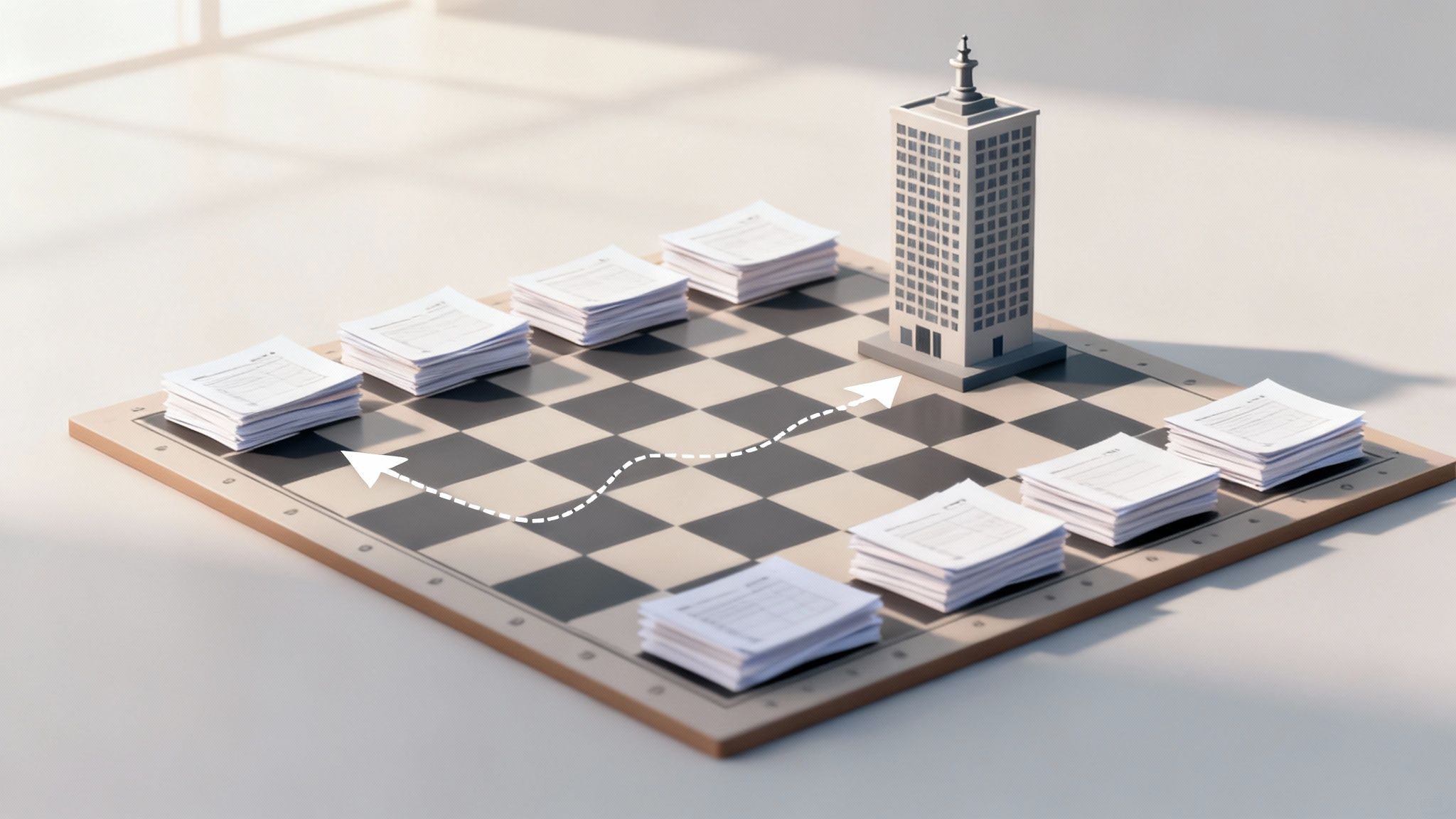 A chessboard with stacks of documents, a miniature building, and an arrow path showing project progression.
